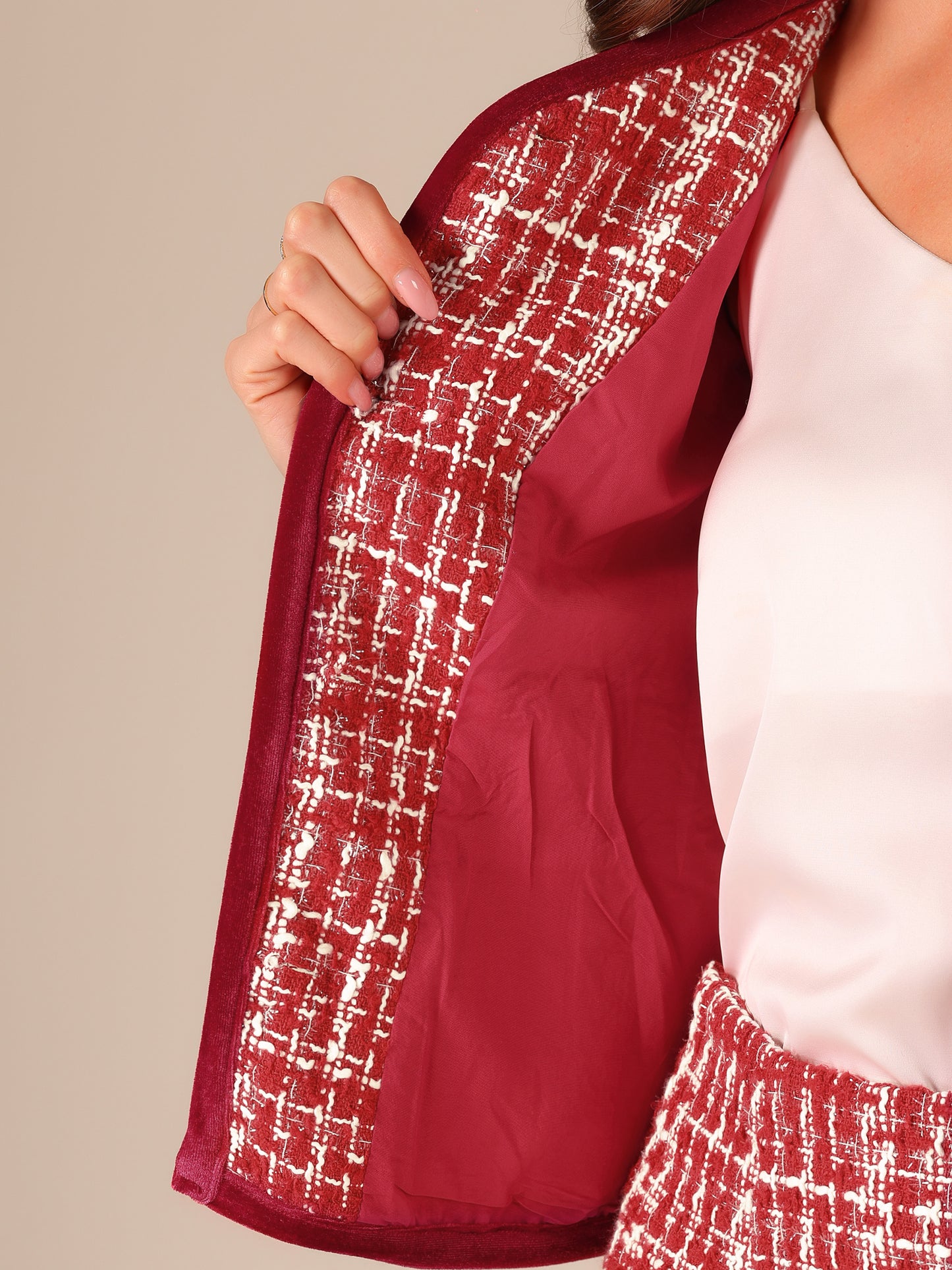 Women's 2 Piece Plaid Tweed Short Blazer Jacket and Skirt Business Suit Set