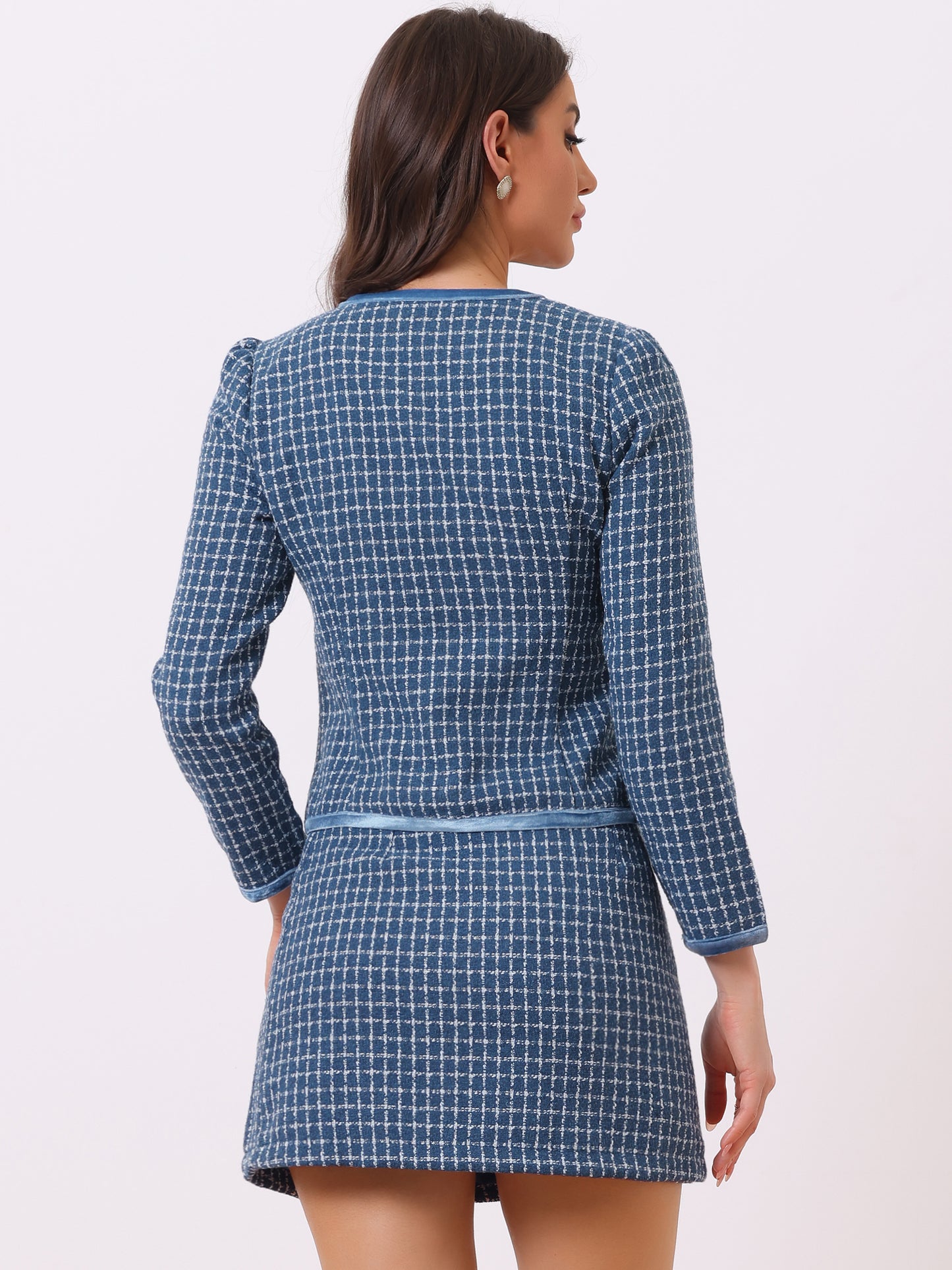 Women's 2 Piece Plaid Tweed Short Blazer Jacket and Skirt Business Suit Set
