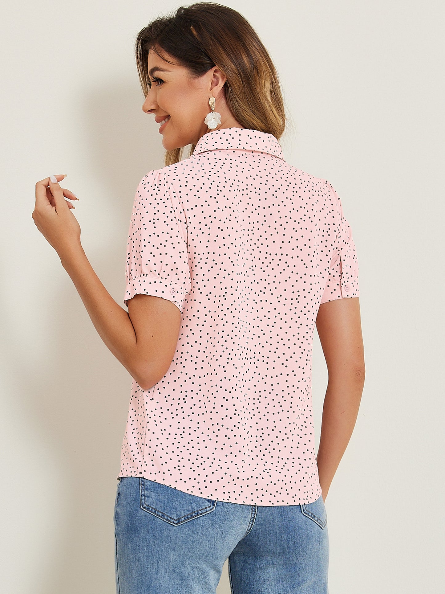 Blusa de gasa con cuello Peter Pan y pajarita estampada retro para mujer