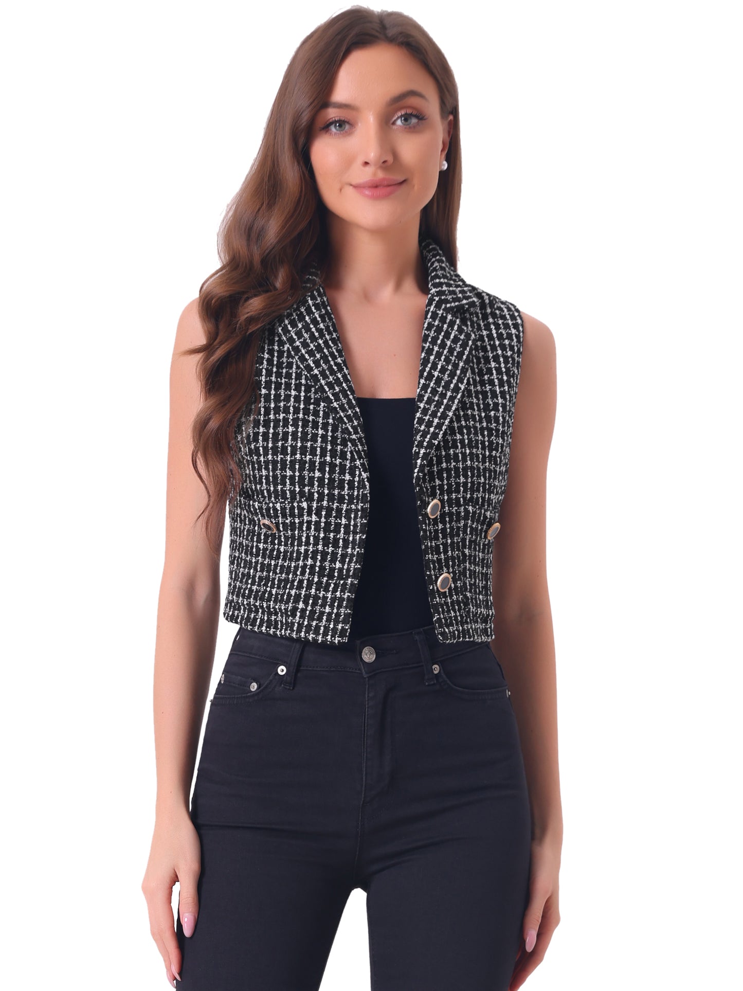 Women's Sleeveless Crop Waistcoat Button Plaid Tweed Vest