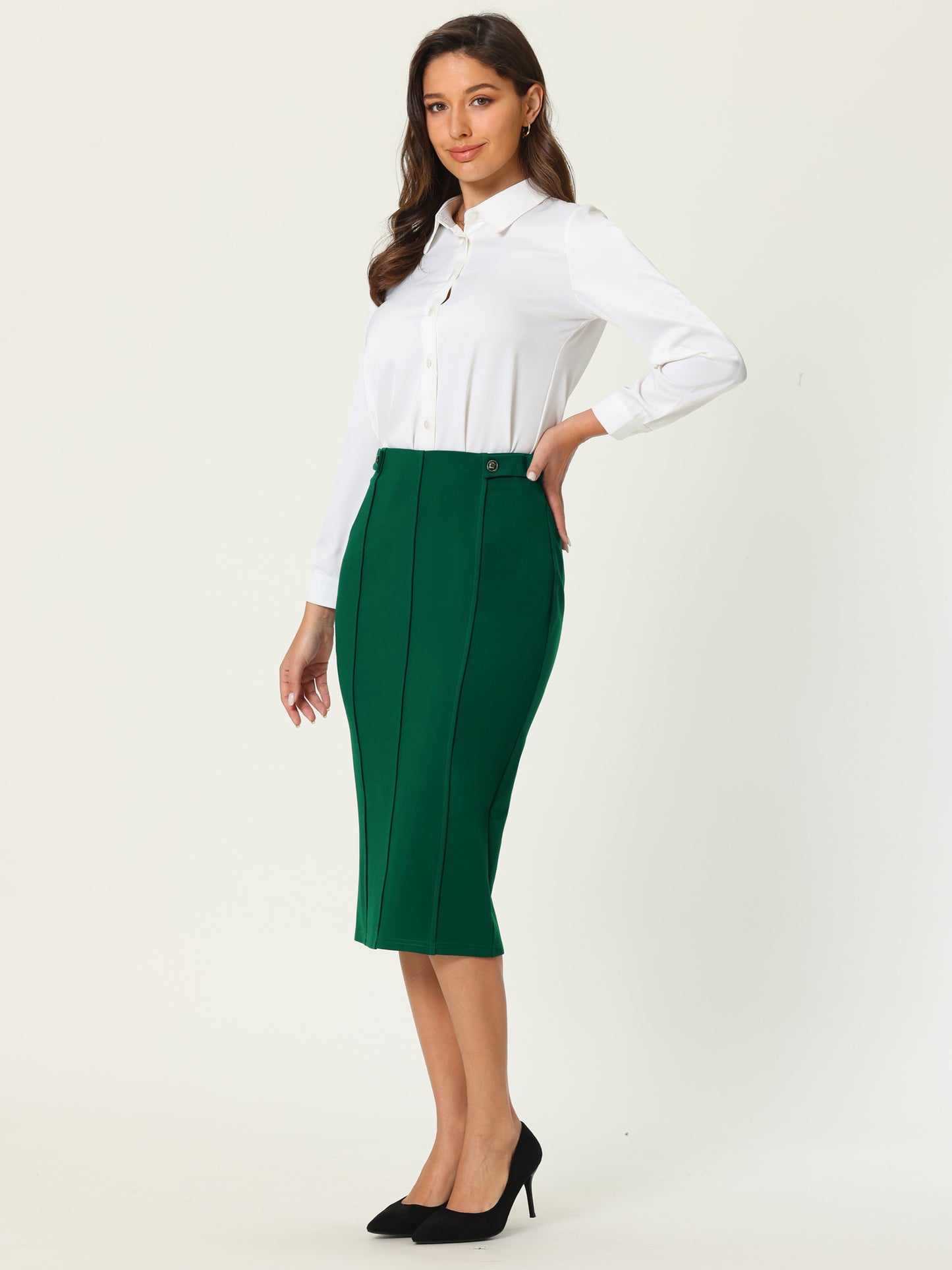 Women's Work Pencil Skirt High Waist Office Stretch Bodycon Midi Skirt