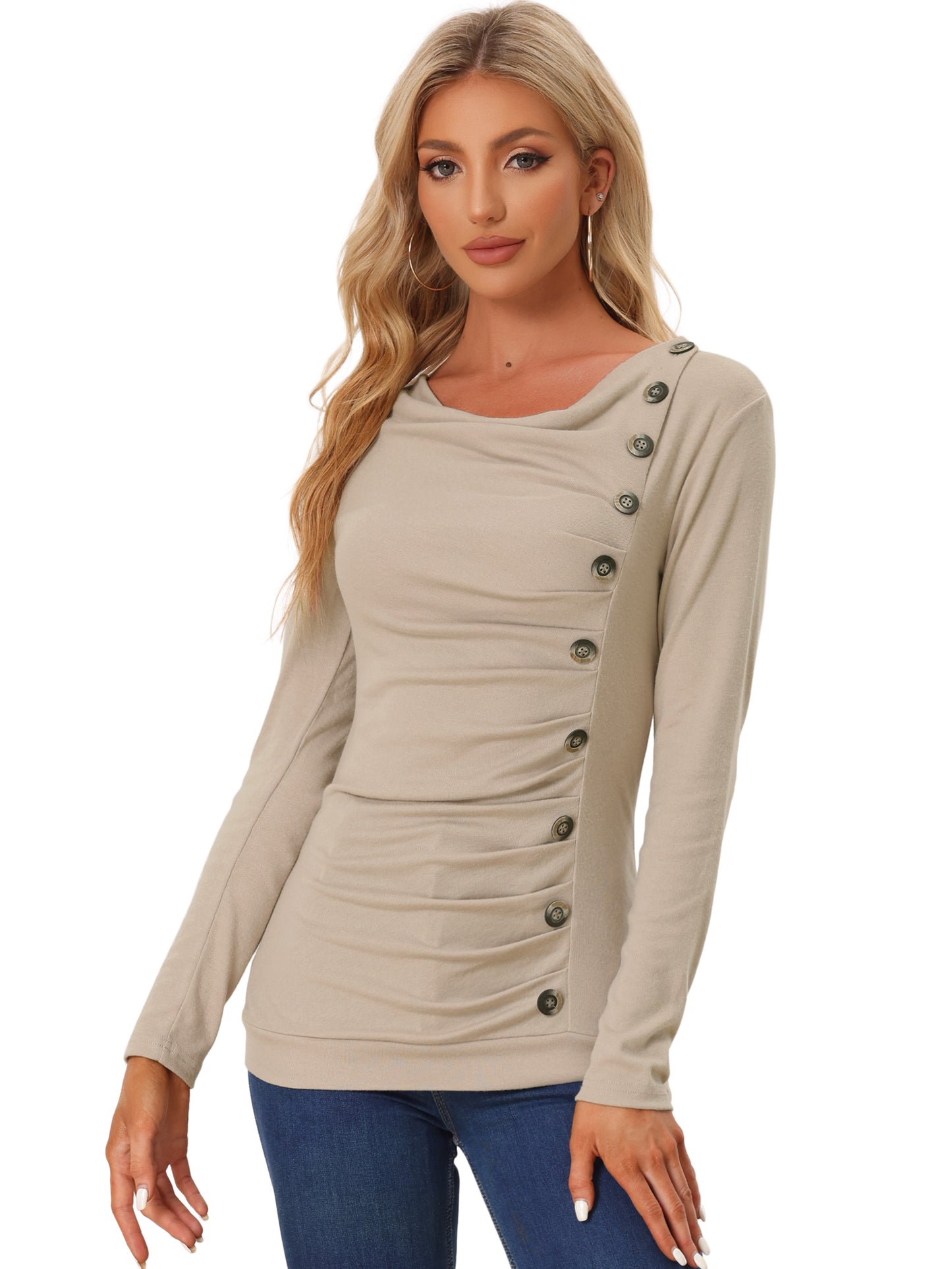 Women's Cowl Neck Long Sleeves Buttons Decor Ruched Top