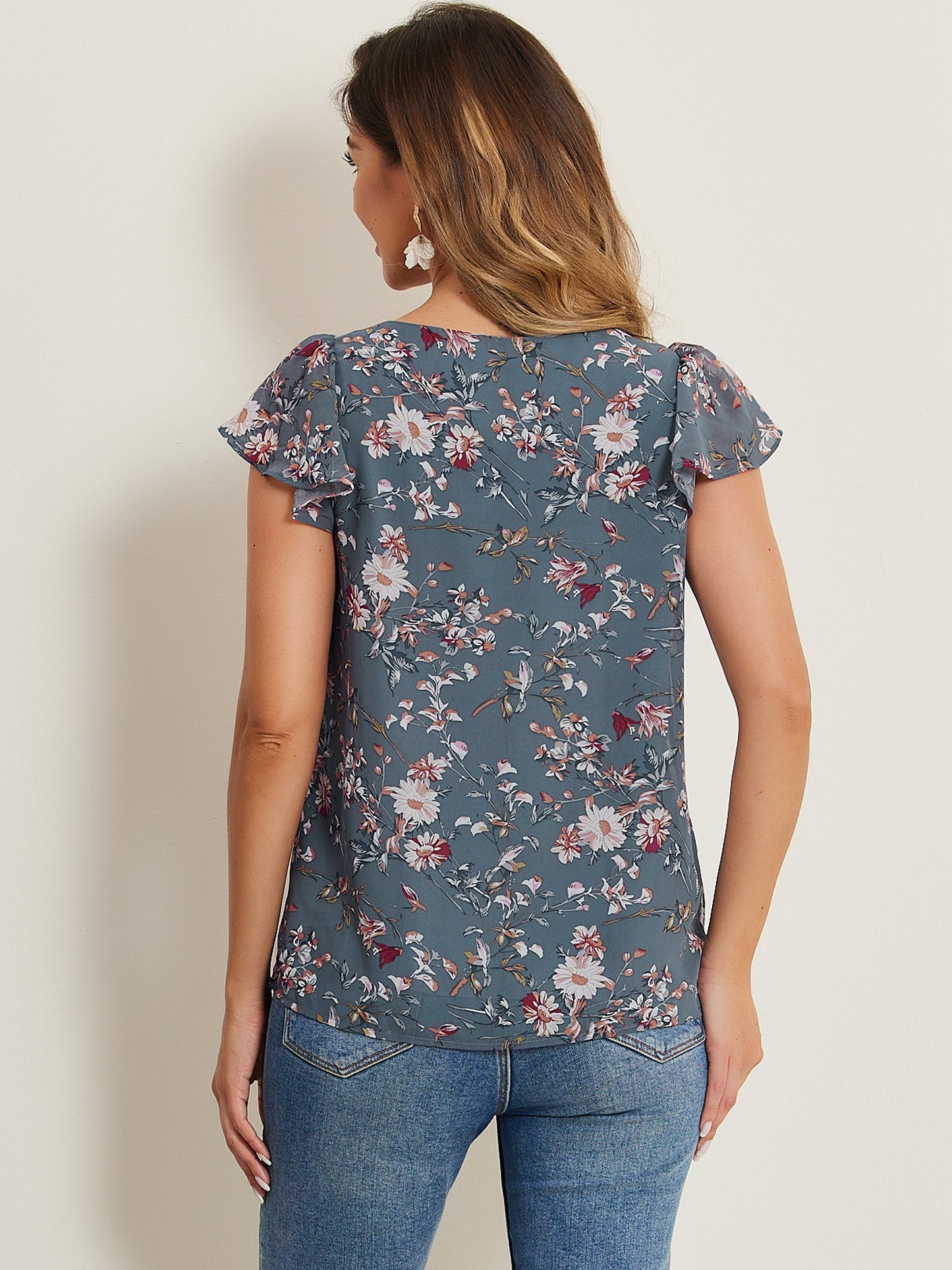 Blusa floral de verano para mujer, informal, de gasa, con cuello cuadrado y manga corta con volantes