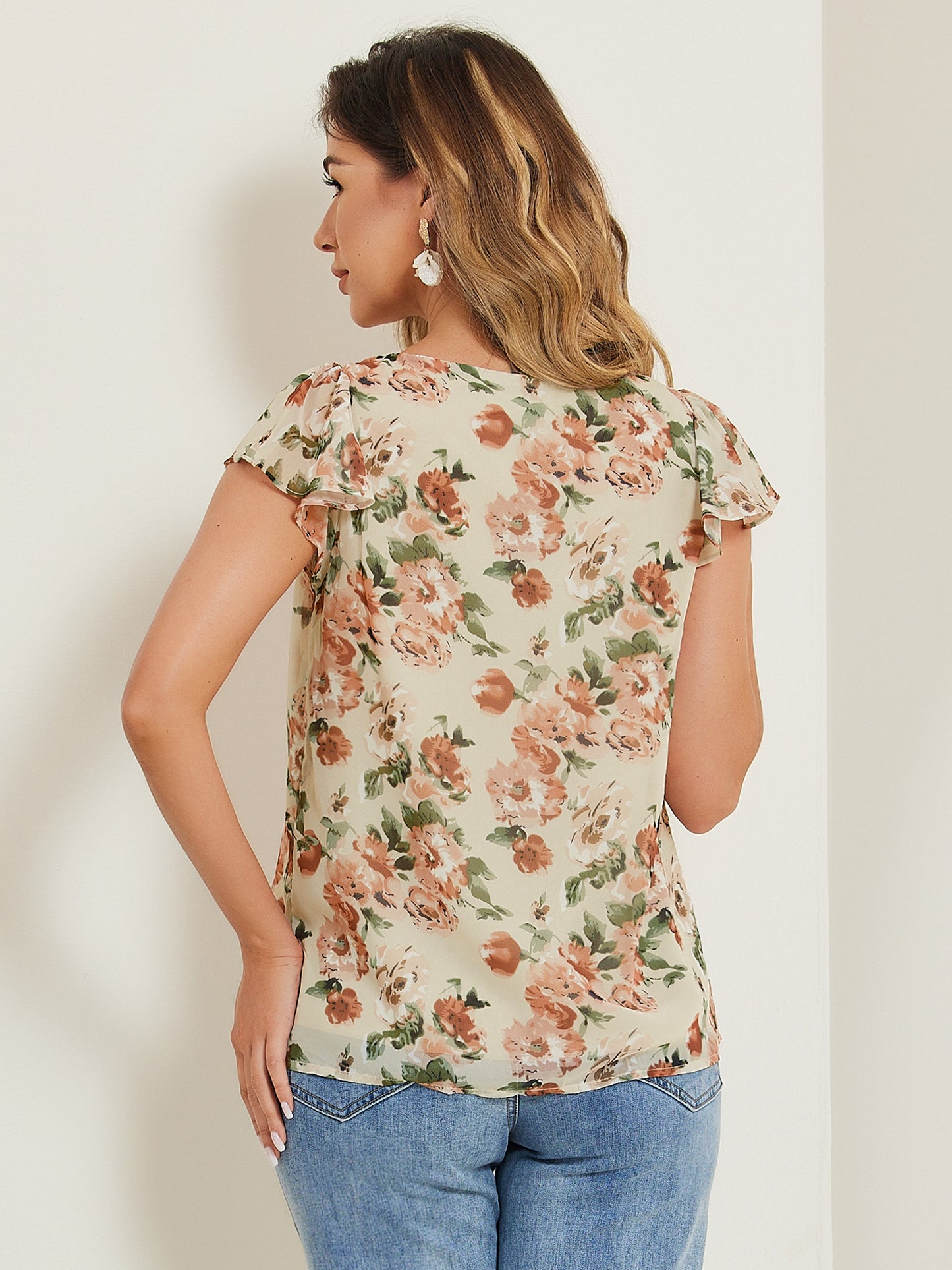 Women's Floral Blouse Summer Casual Square Neck Chiffon Short Sleeve Ruffle Top