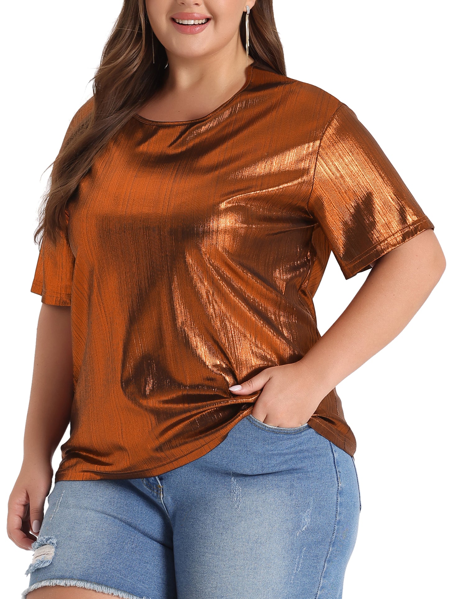 Women Plus Size Top Metallic Round Neck Short Sleeve T-Shirt Party Tee Top