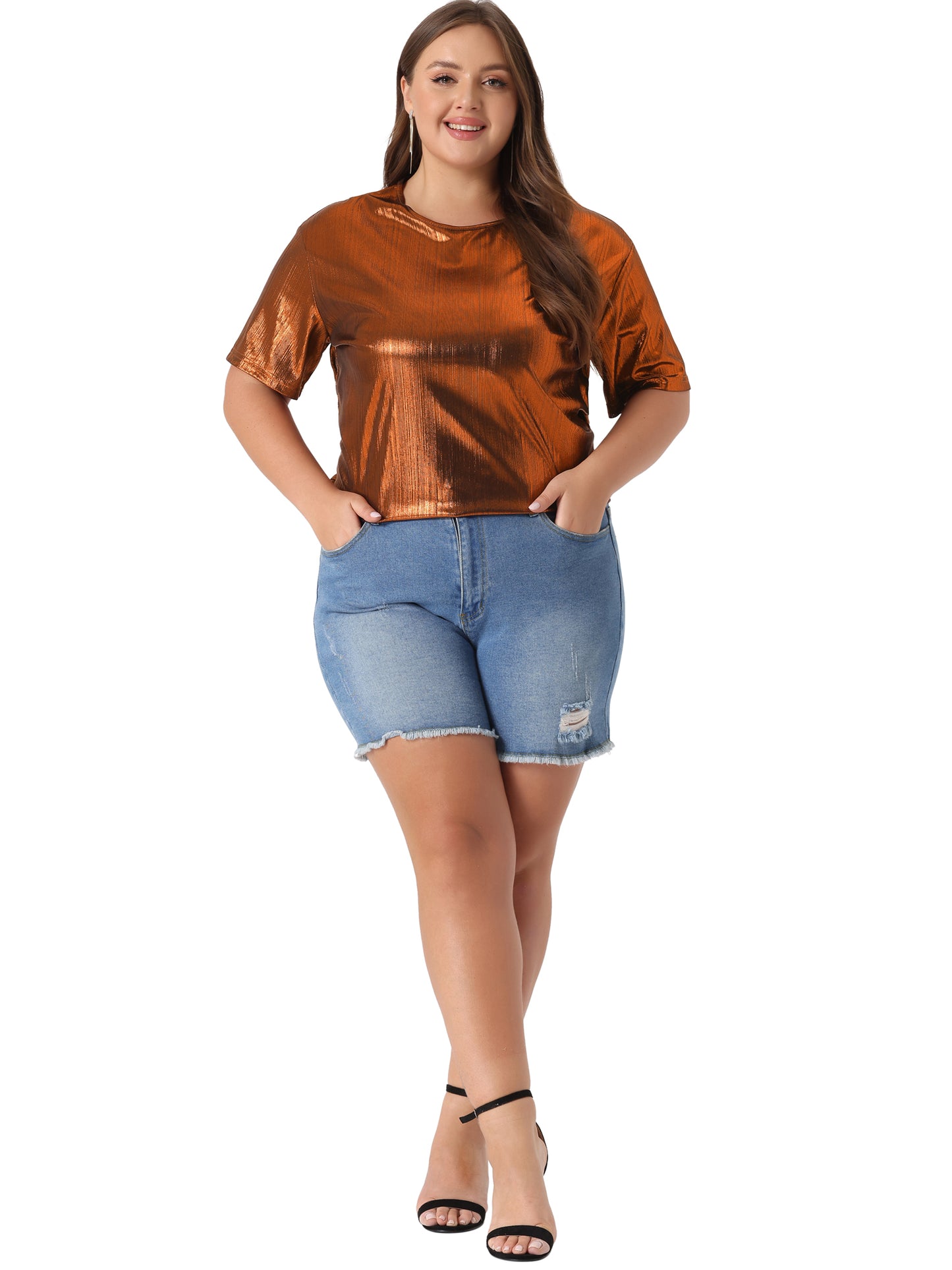 Women Plus Size Top Metallic Round Neck Short Sleeve T-Shirt Party Tee Top