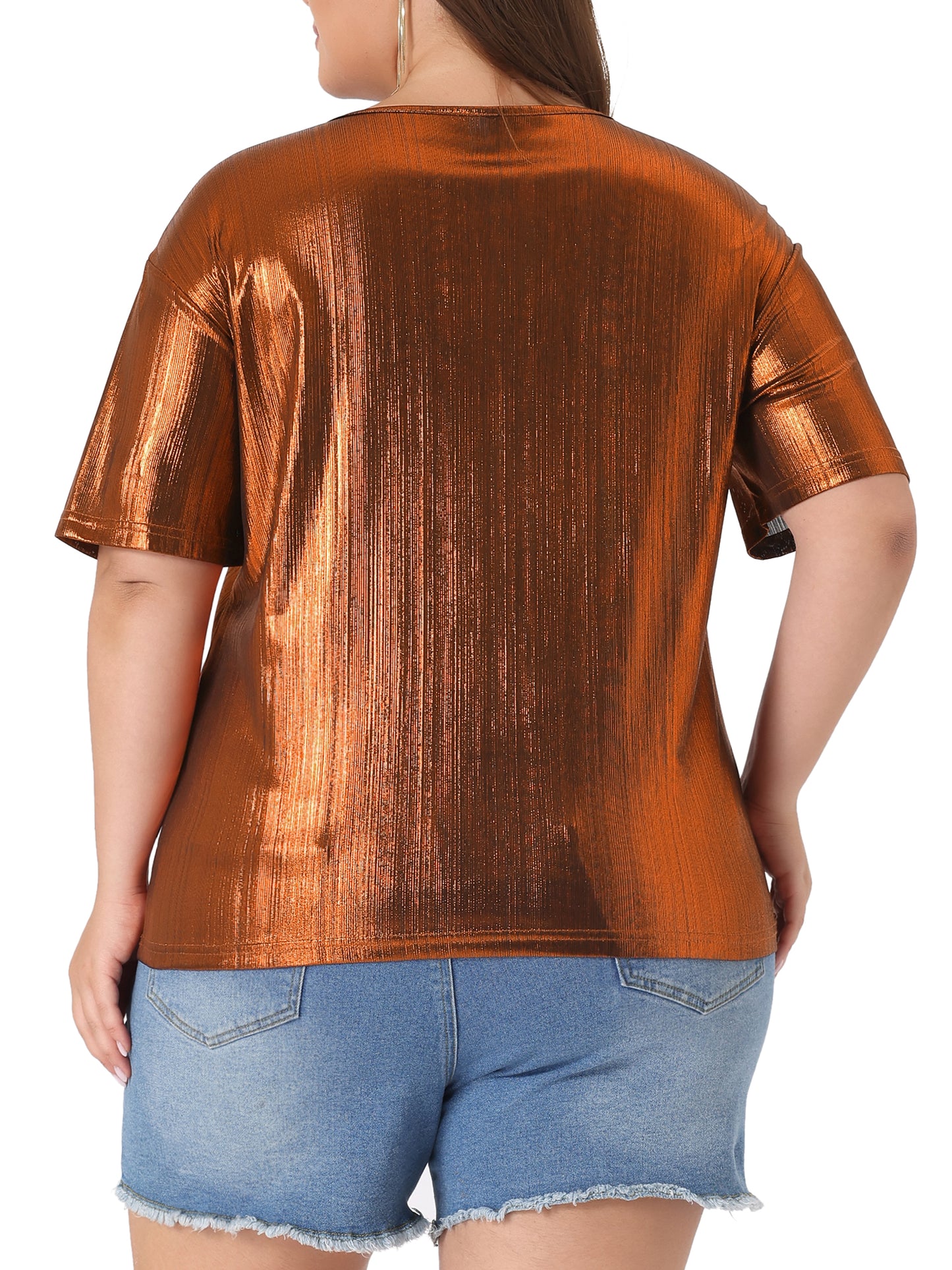 Women Plus Size Top Metallic Round Neck Short Sleeve T-Shirt Party Tee Top