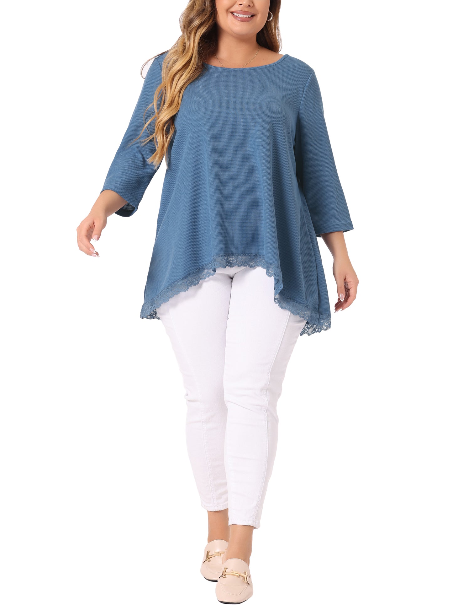 Women Plus Size Blouse Waffle 3/4 Sleeve Round Neck Lace Panel Loose High Low Hem Top