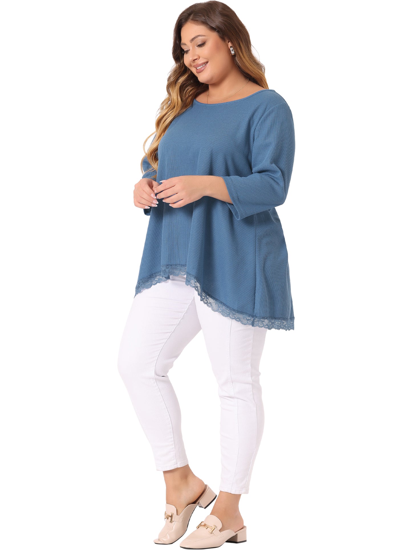 Women Plus Size Blouse Waffle 3/4 Sleeve Round Neck Lace Panel Loose High Low Hem Top