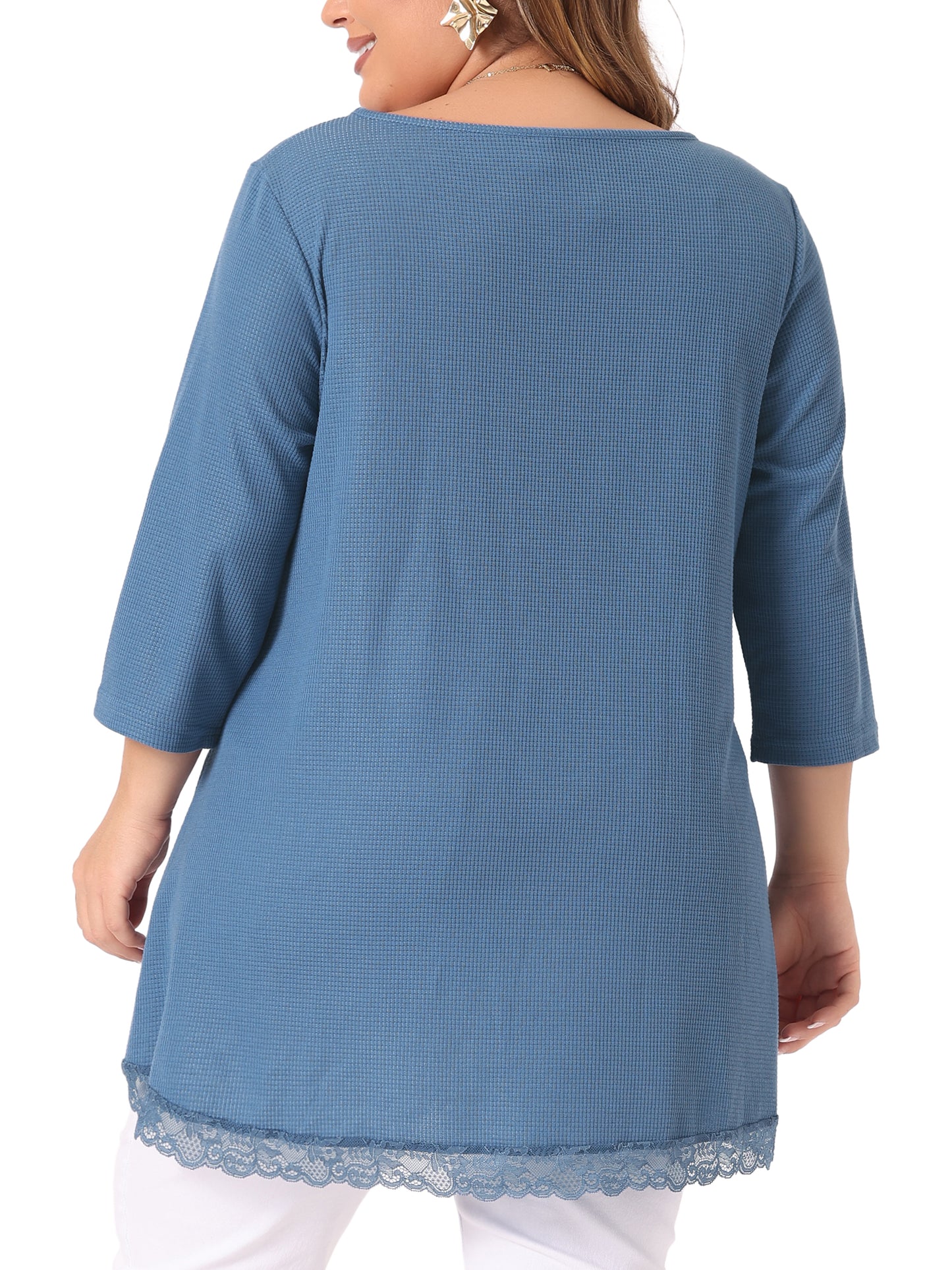 Women Plus Size Blouse Waffle 3/4 Sleeve Round Neck Lace Panel Loose High Low Hem Top
