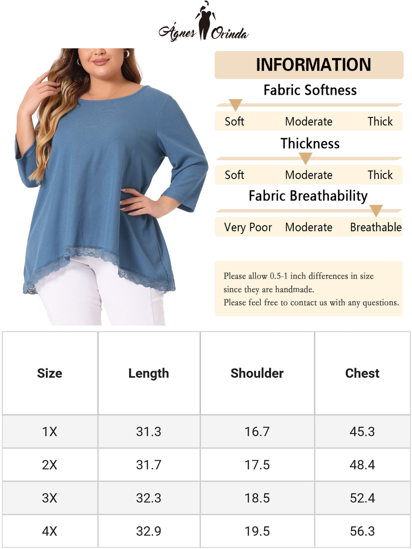 Women Plus Size Blouse Waffle 3/4 Sleeve Round Neck Lace Panel Loose High Low Hem Top