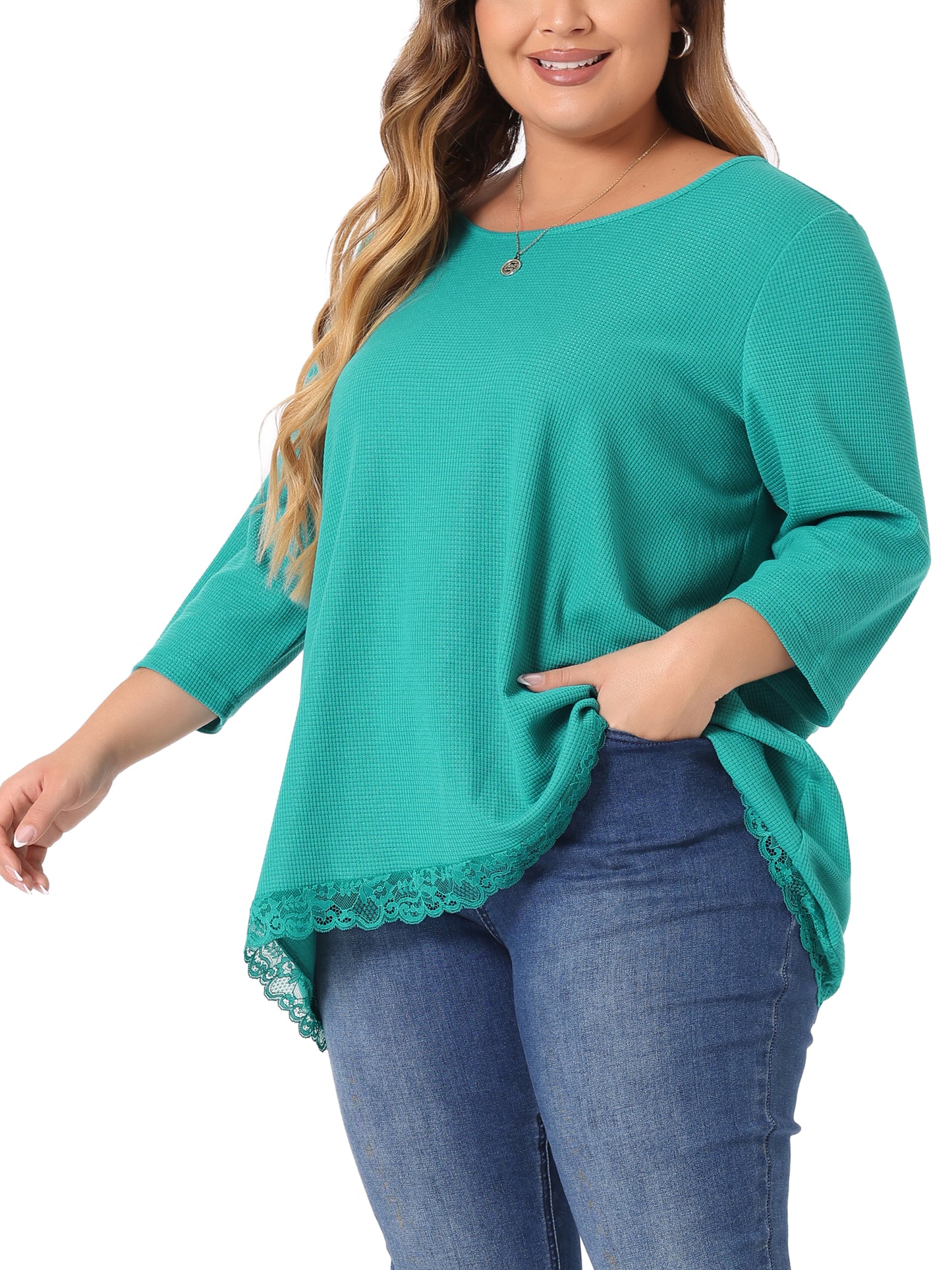 Women Plus Size Blouse Waffle 3/4 Sleeve Round Neck Lace Panel Loose High Low Hem Top
