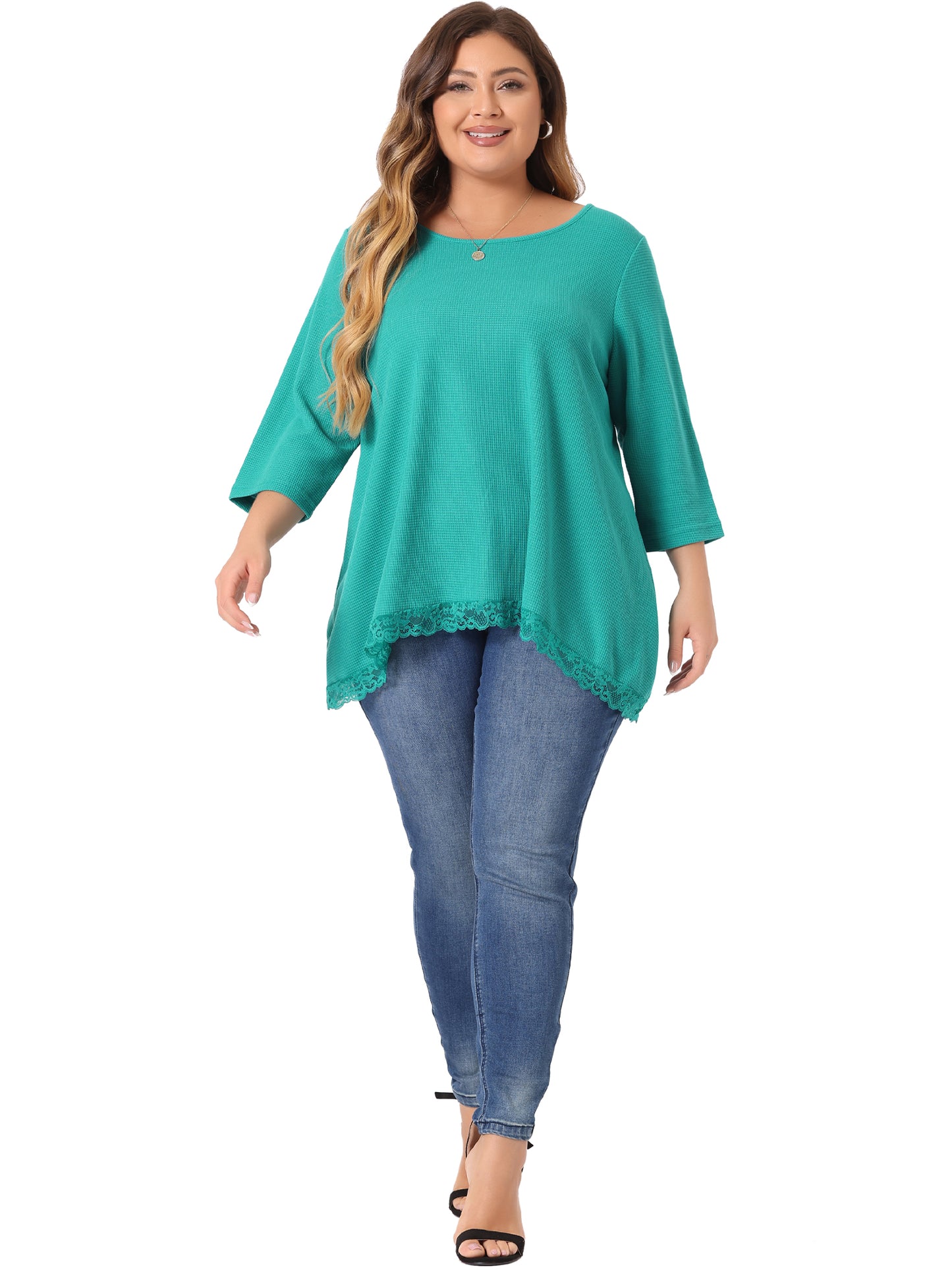 Women Plus Size Blouse Waffle 3/4 Sleeve Round Neck Lace Panel Loose High Low Hem Top