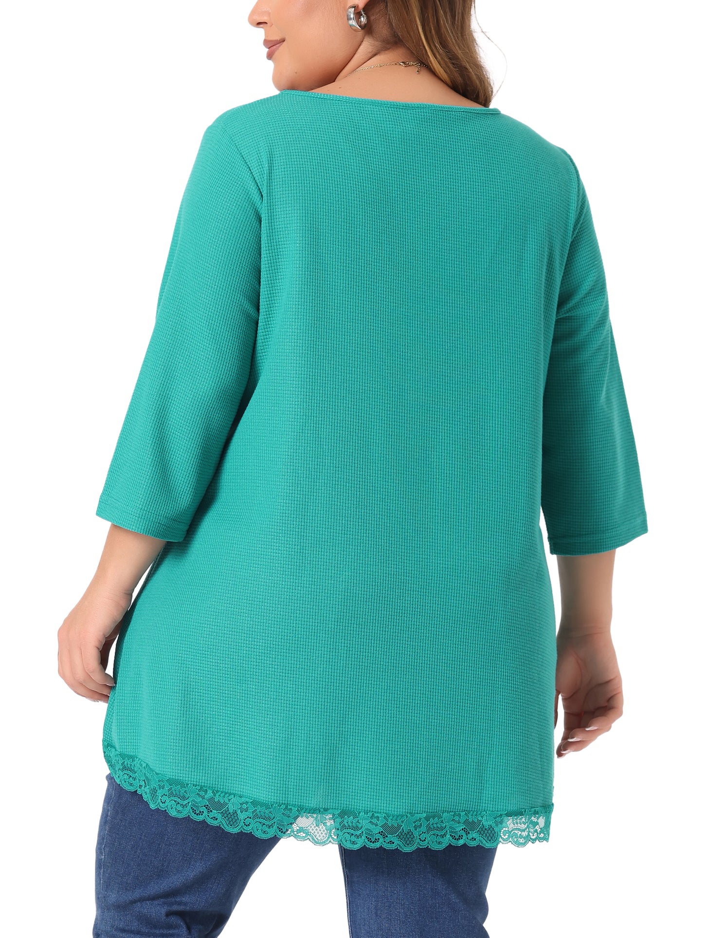 Women Plus Size Blouse Waffle 3/4 Sleeve Round Neck Lace Panel Loose High Low Hem Top