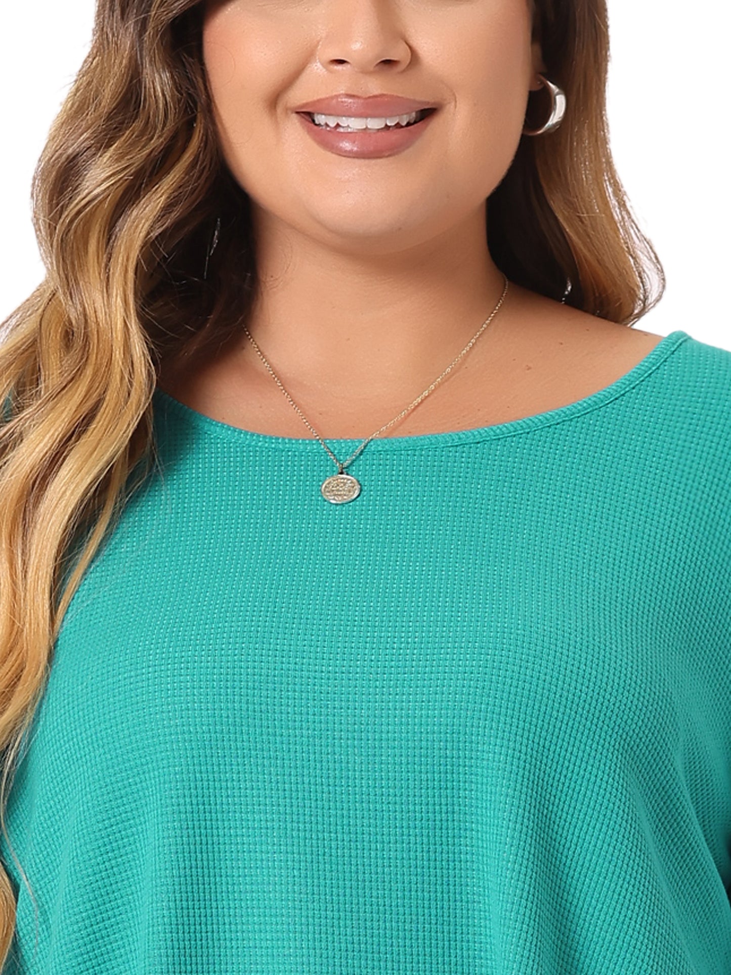Women Plus Size Blouse Waffle 3/4 Sleeve Round Neck Lace Panel Loose High Low Hem Top