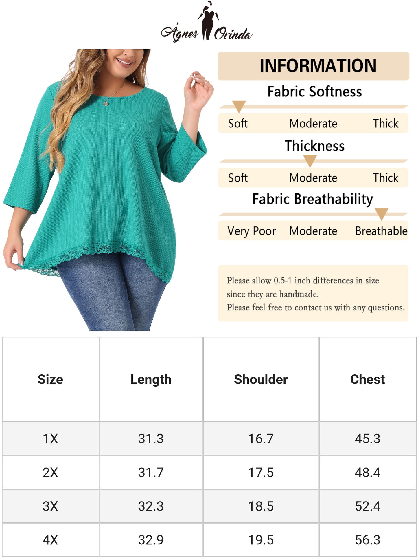 Women Plus Size Blouse Waffle 3/4 Sleeve Round Neck Lace Panel Loose High Low Hem Top