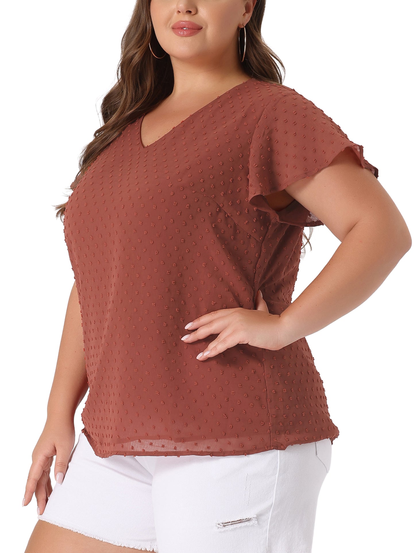 Women Plus Size Swiss Dots Blouse V Neck Summer Short Sleeve Casual Top