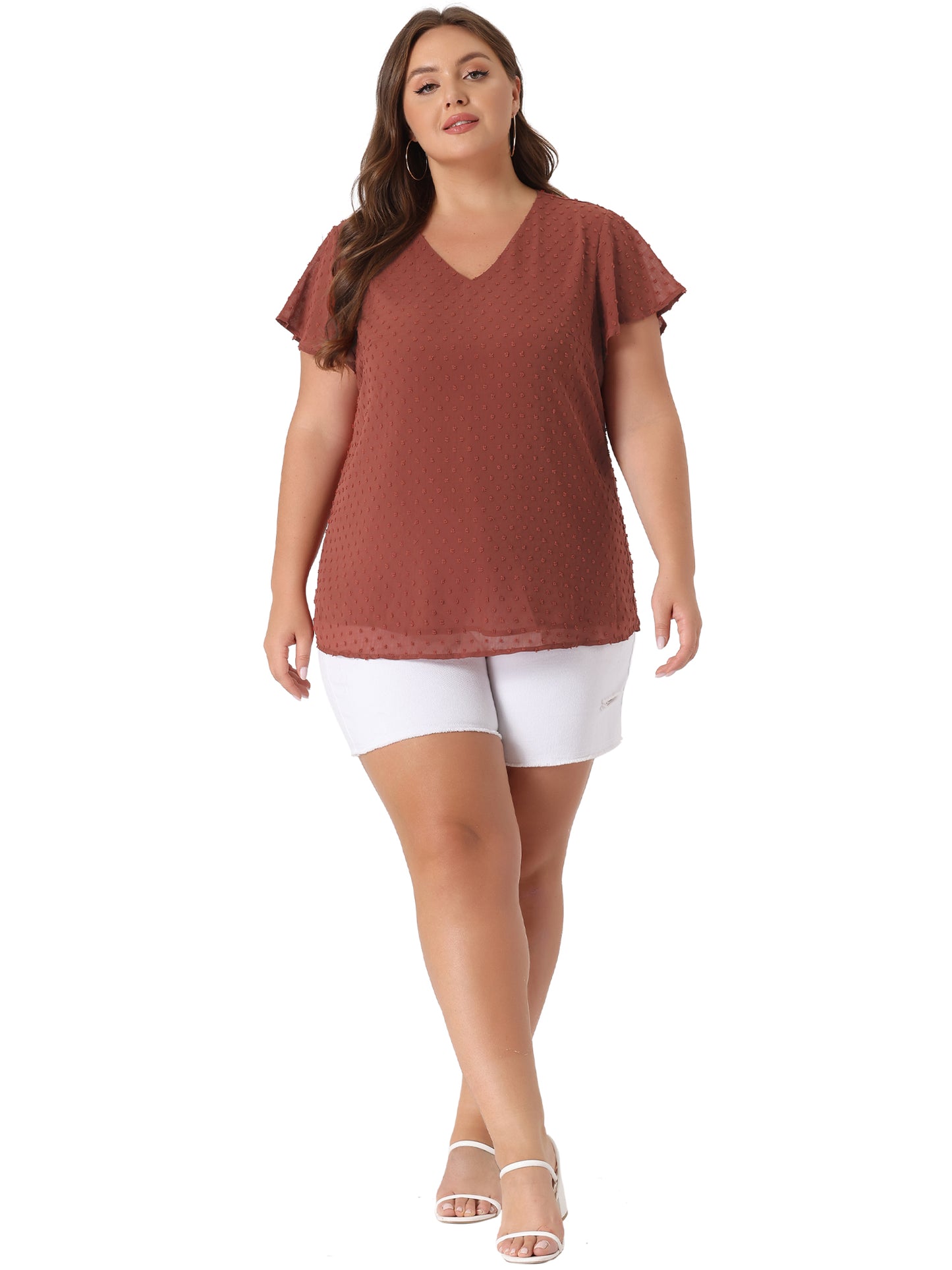Women Plus Size Swiss Dots Blouse V Neck Summer Short Sleeve Casual Top