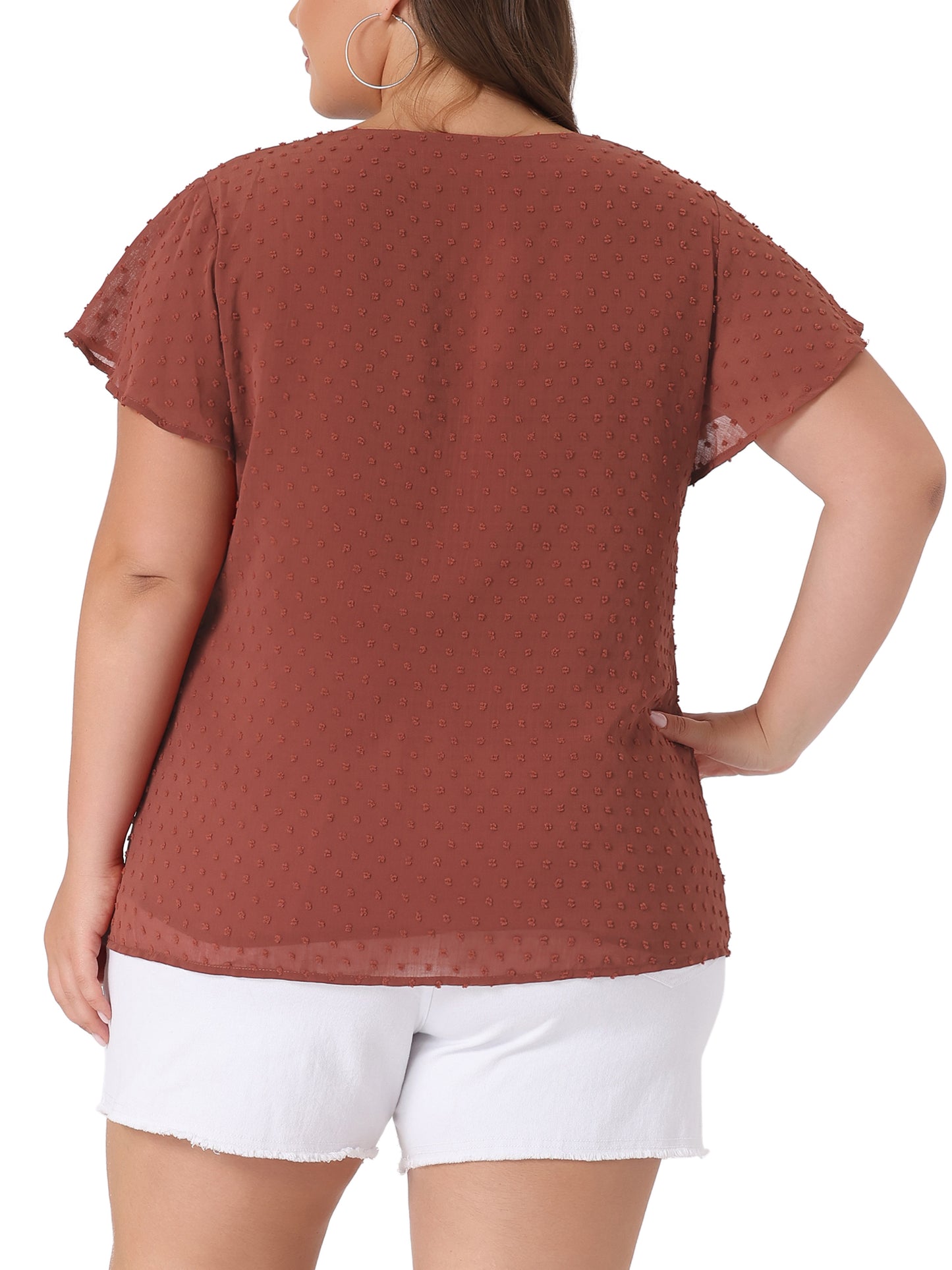 Women Plus Size Swiss Dots Blouse V Neck Summer Short Sleeve Casual Top