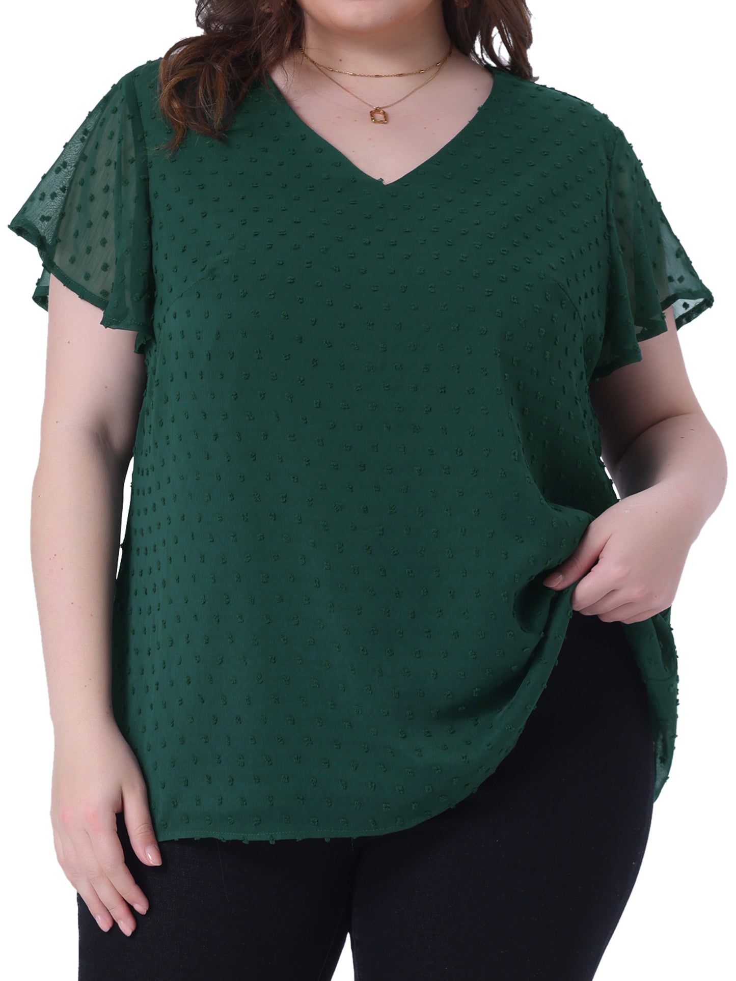 Women Plus Size Swiss Dots Blouses V Neck Summer Short Sleeve Casual Top