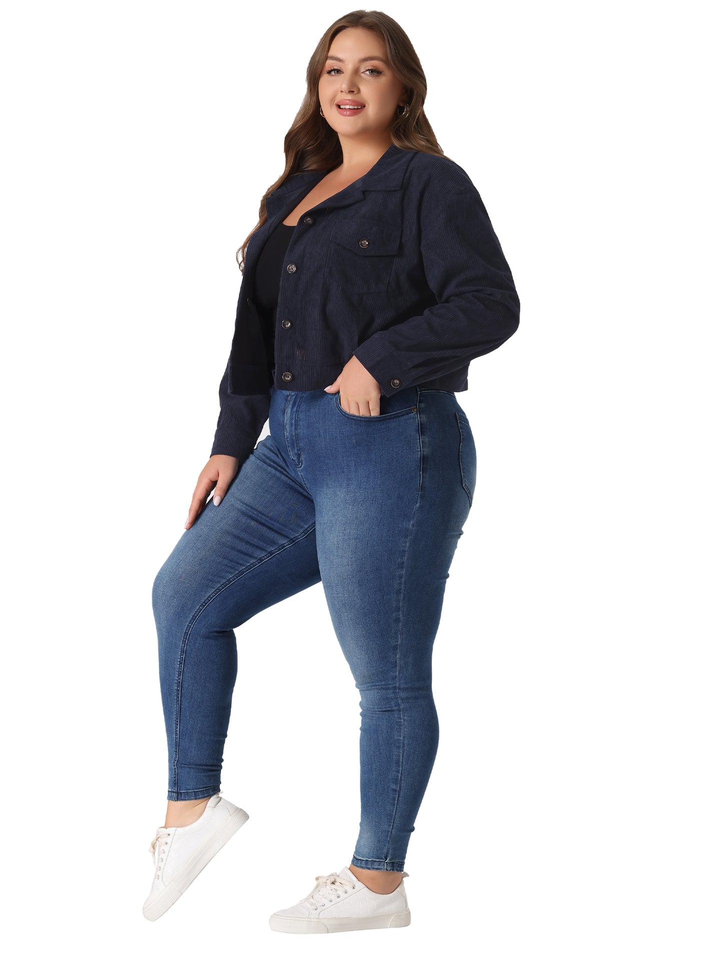 Women Plus Size Corduroy Cropped Jacket Button Down Long Sleeve Shirts Shacket Jacket