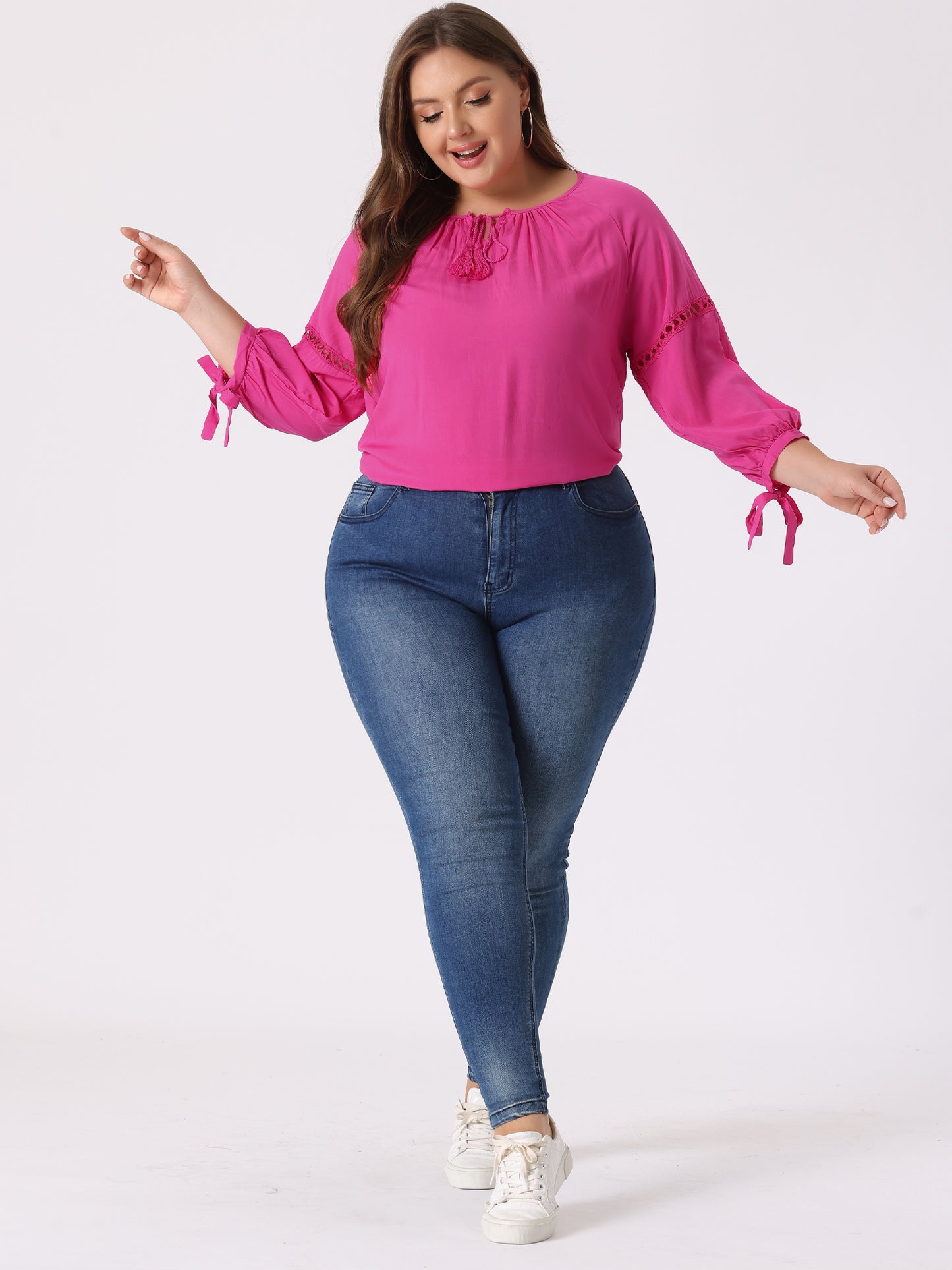 Women's Plus Size Raglan Sleeves Hollow Out Tie Neck Tunic Peasant Top