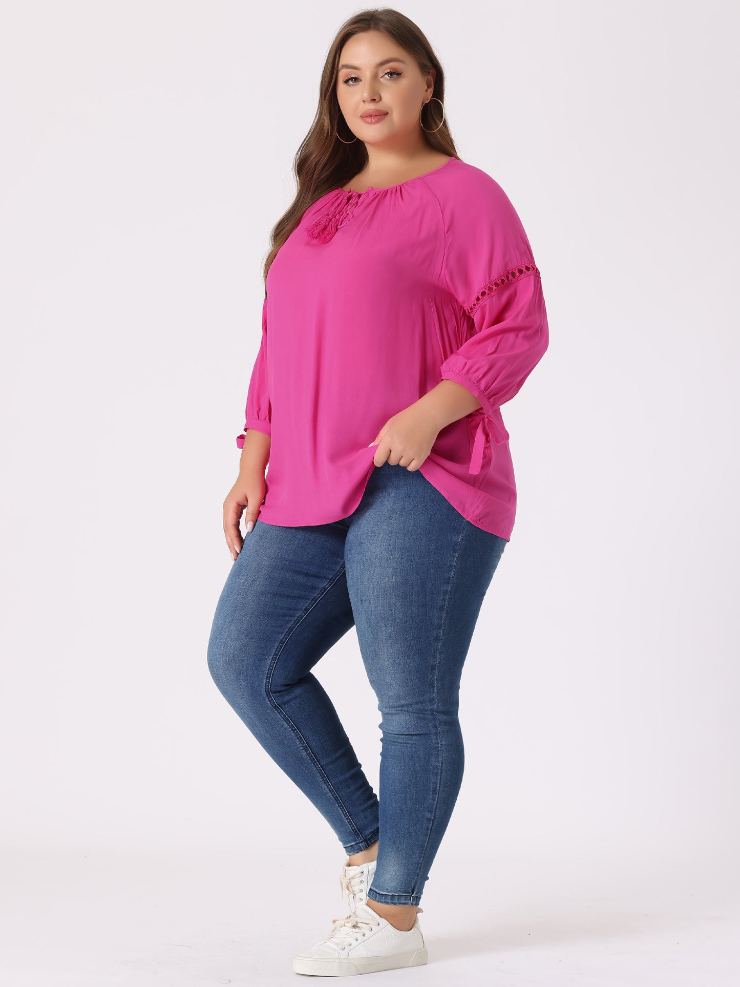 Women's Plus Size Raglan Sleeves Hollow Out Tie Neck Tunic Peasant Top