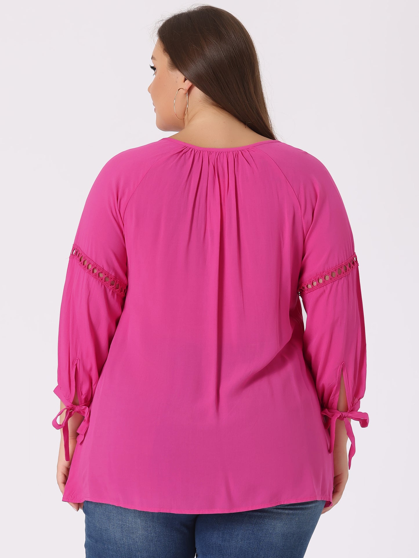 Women's Plus Size Raglan Sleeves Hollow Out Tie Neck Tunic Peasant Top
