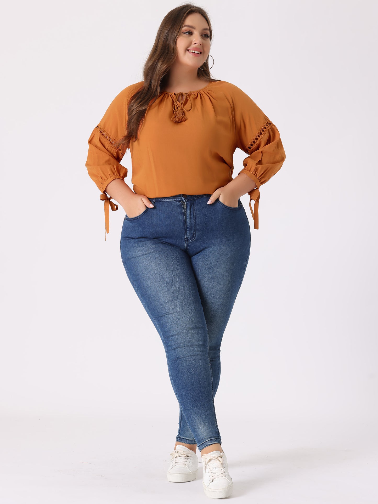 Women's Plus Size Raglan Sleeves Hollow Out Tie Neck Tunic Peasant Top