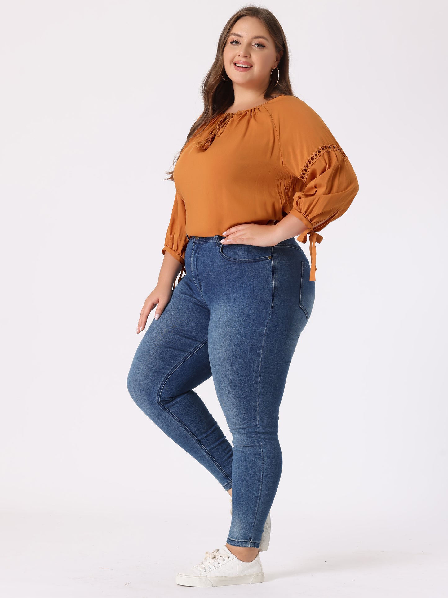 Women's Plus Size Raglan Sleeves Hollow Out Tie Neck Tunic Peasant Top