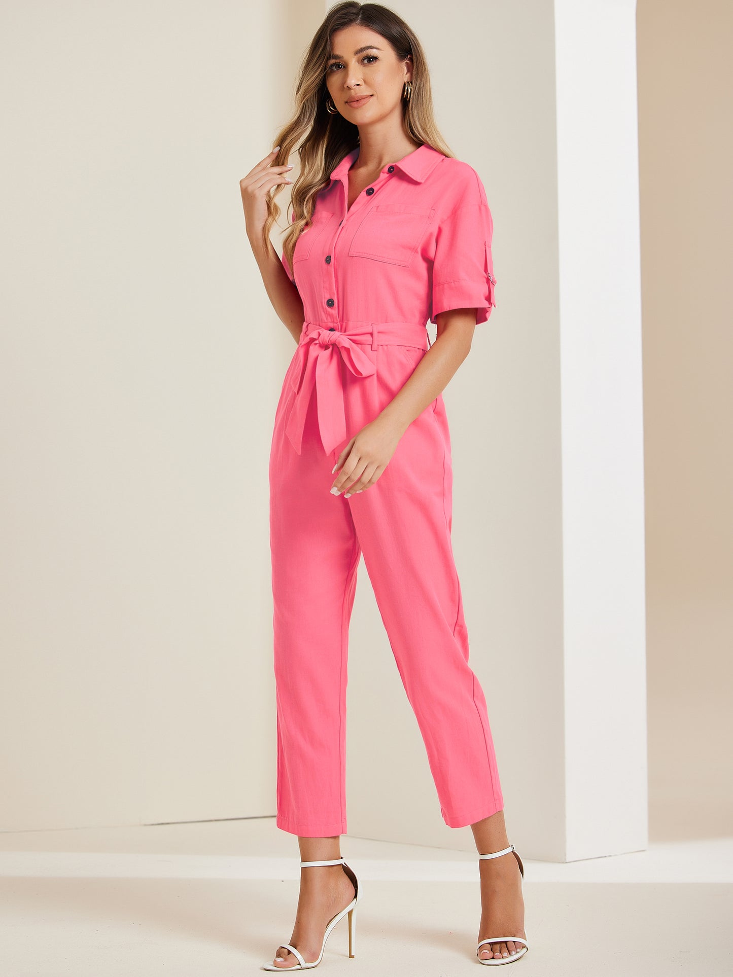 Women's Short Sleeve Collared Cropped Coverall Button Down Tie Waist Cotton Cargo Jumpsuit