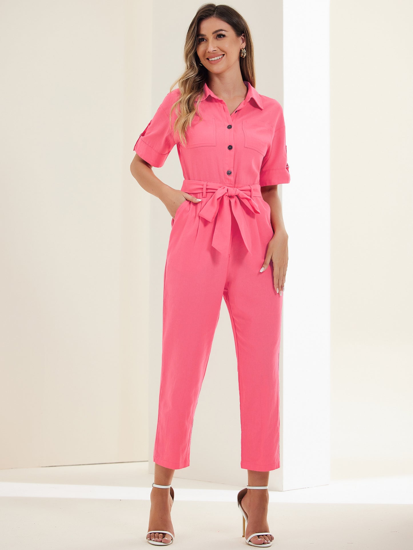 Women's Short Sleeve Collared Cropped Coverall Button Down Tie Waist Cotton Cargo Jumpsuit