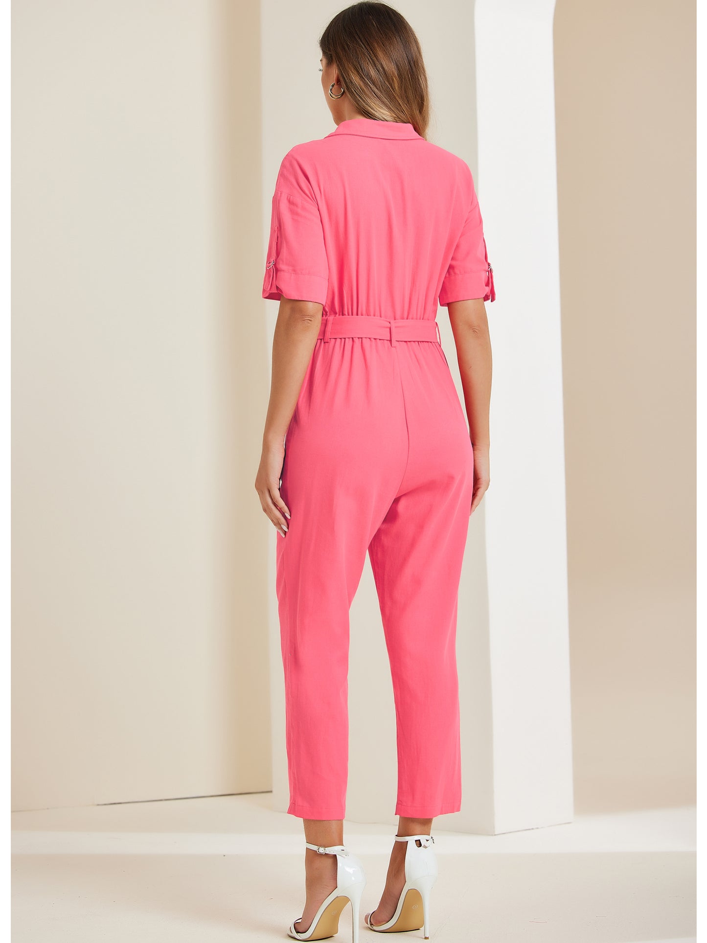 Women's Short Sleeve Collared Cropped Coverall Button Down Tie Waist Cotton Cargo Jumpsuit