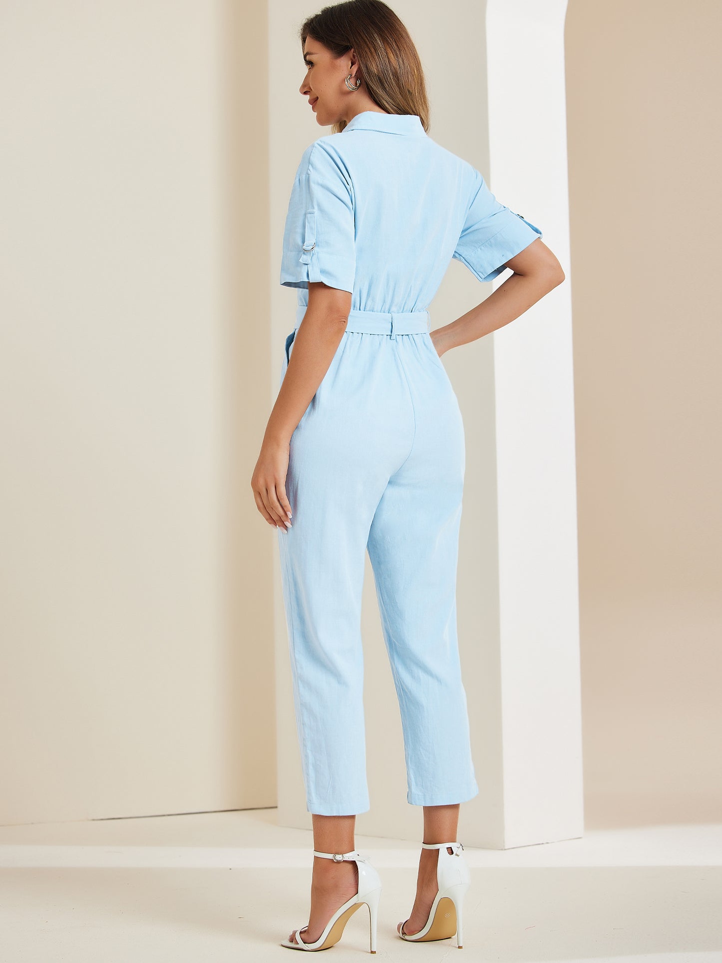 Women's Short Sleeve Collared Cropped Coverall Button Down Tie Waist Cotton Cargo Jumpsuit