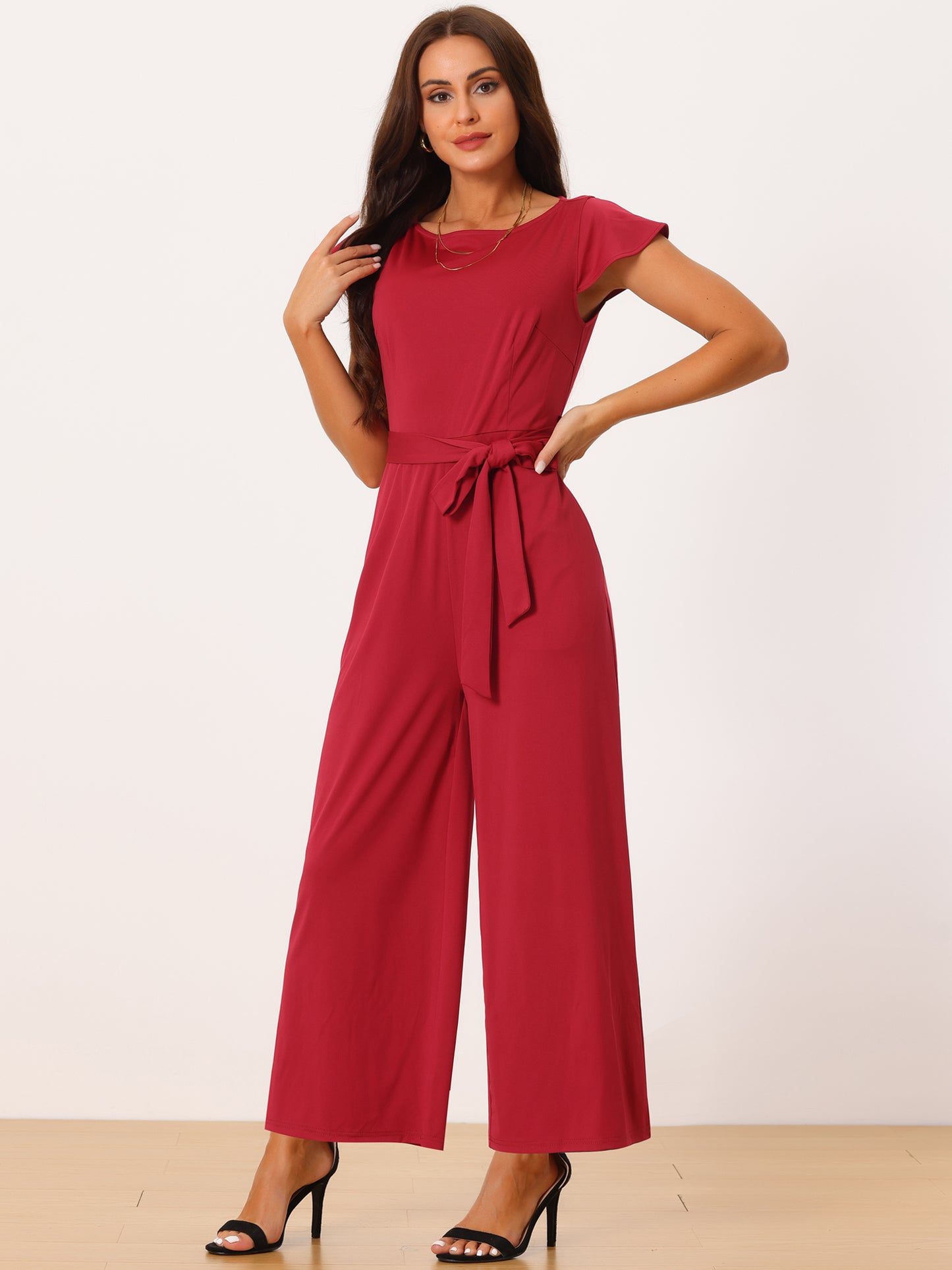 Women's Crew Neck Ruffle Cap Sleeve Belted High Waist Wide Leg Casual Jumpsuits with Pockets