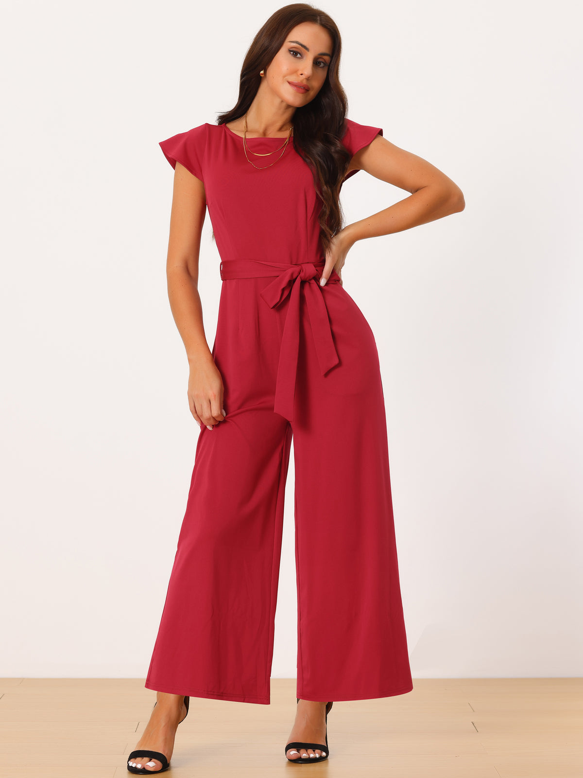 Women's Crew Neck Ruffle Cap Sleeve Belted High Waist Wide Leg Casual Jumpsuits with Pockets