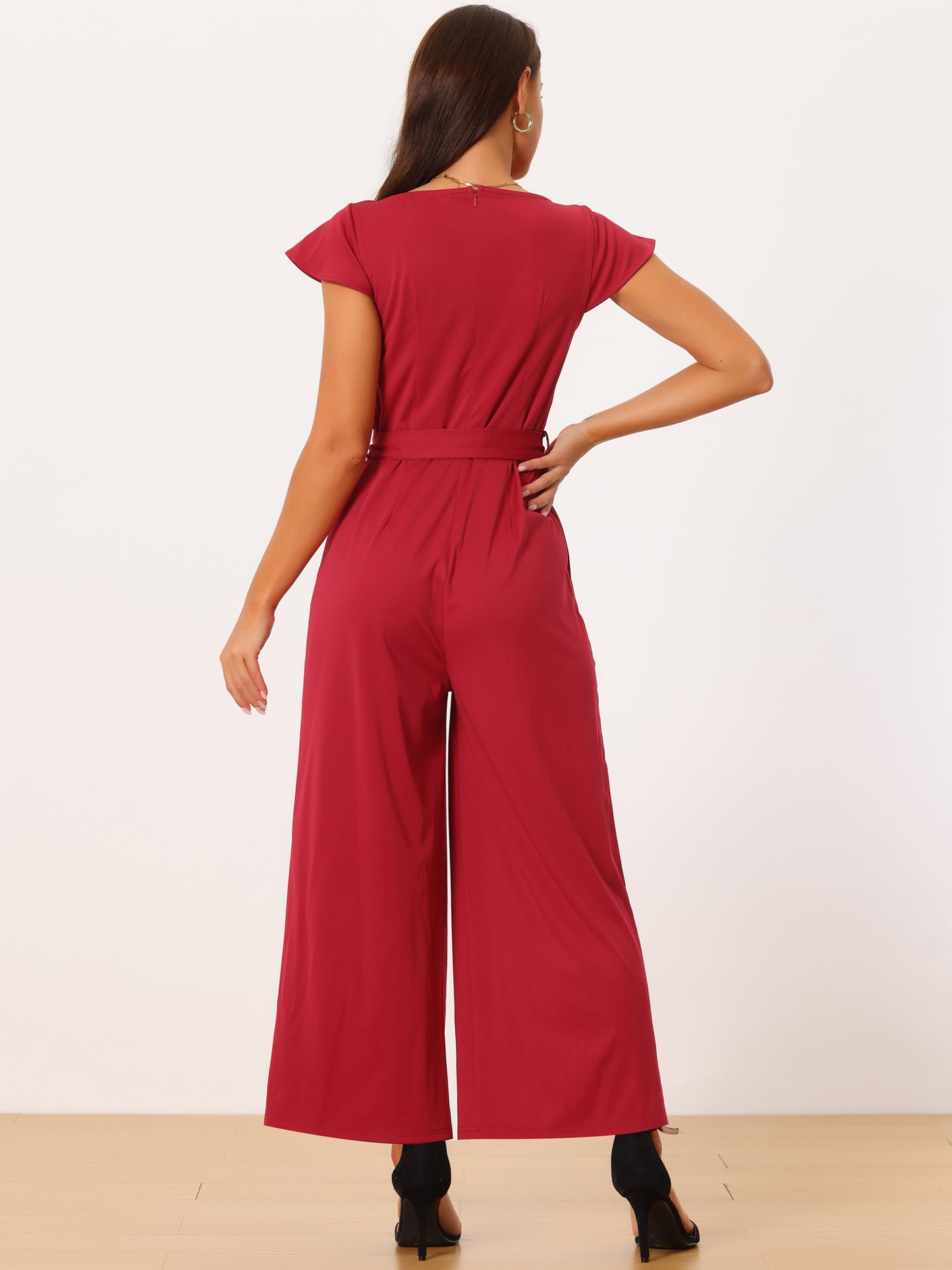 Women's Crew Neck Ruffle Cap Sleeve Belted High Waist Wide Leg Casual Jumpsuits with Pockets