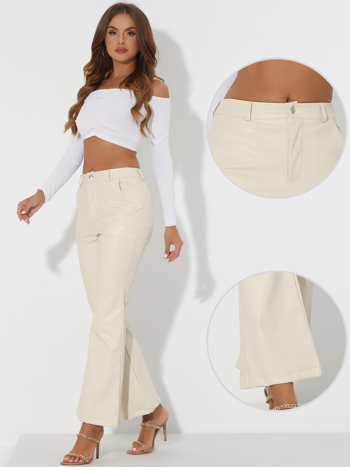 Women's Faux Leather Casual Pants High Waist Bell Bottom Flared Long PU Trousers