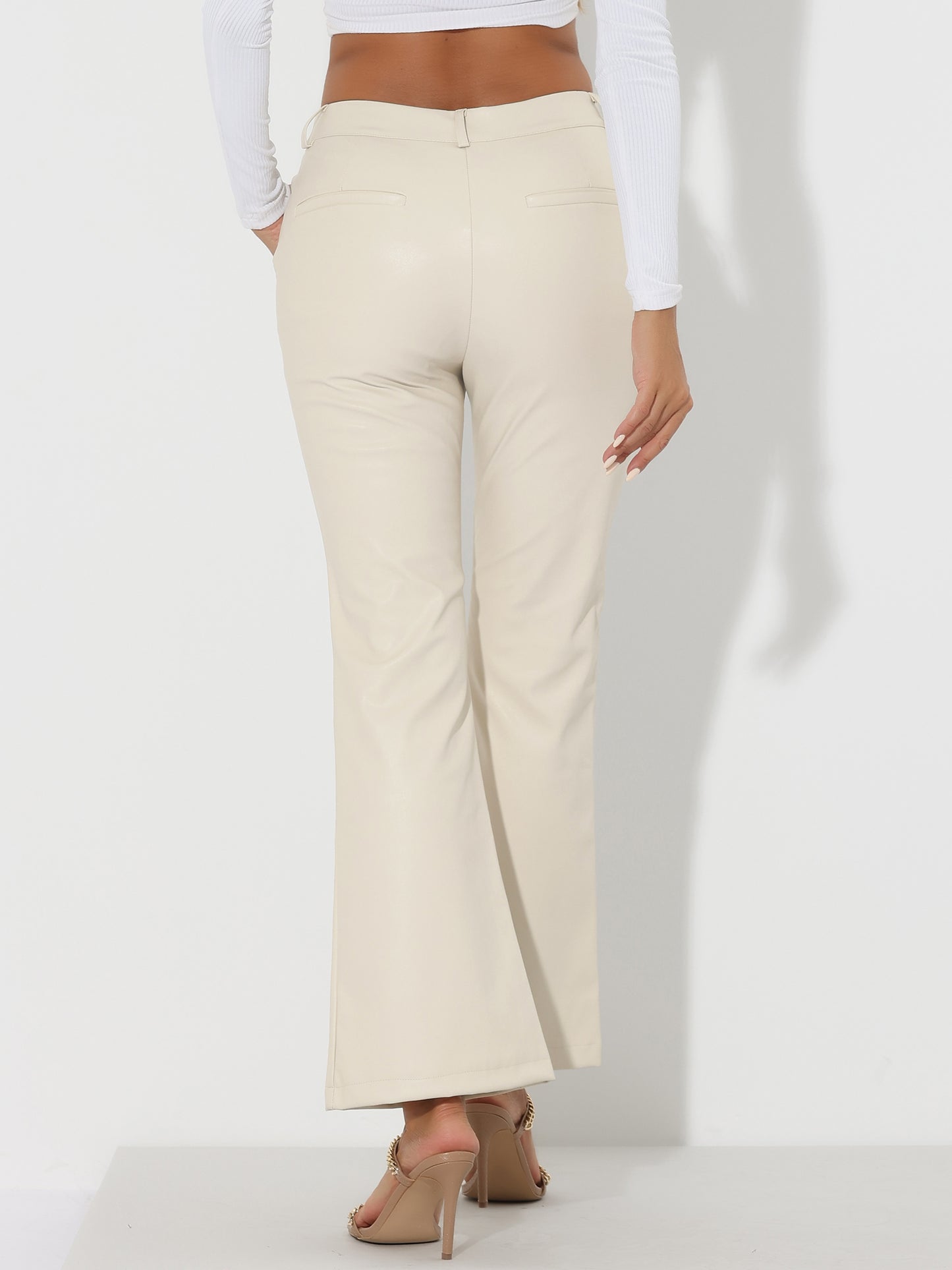 Women's Faux Leather Casual Pants High Waist Bell Bottom Flared Long PU Trousers