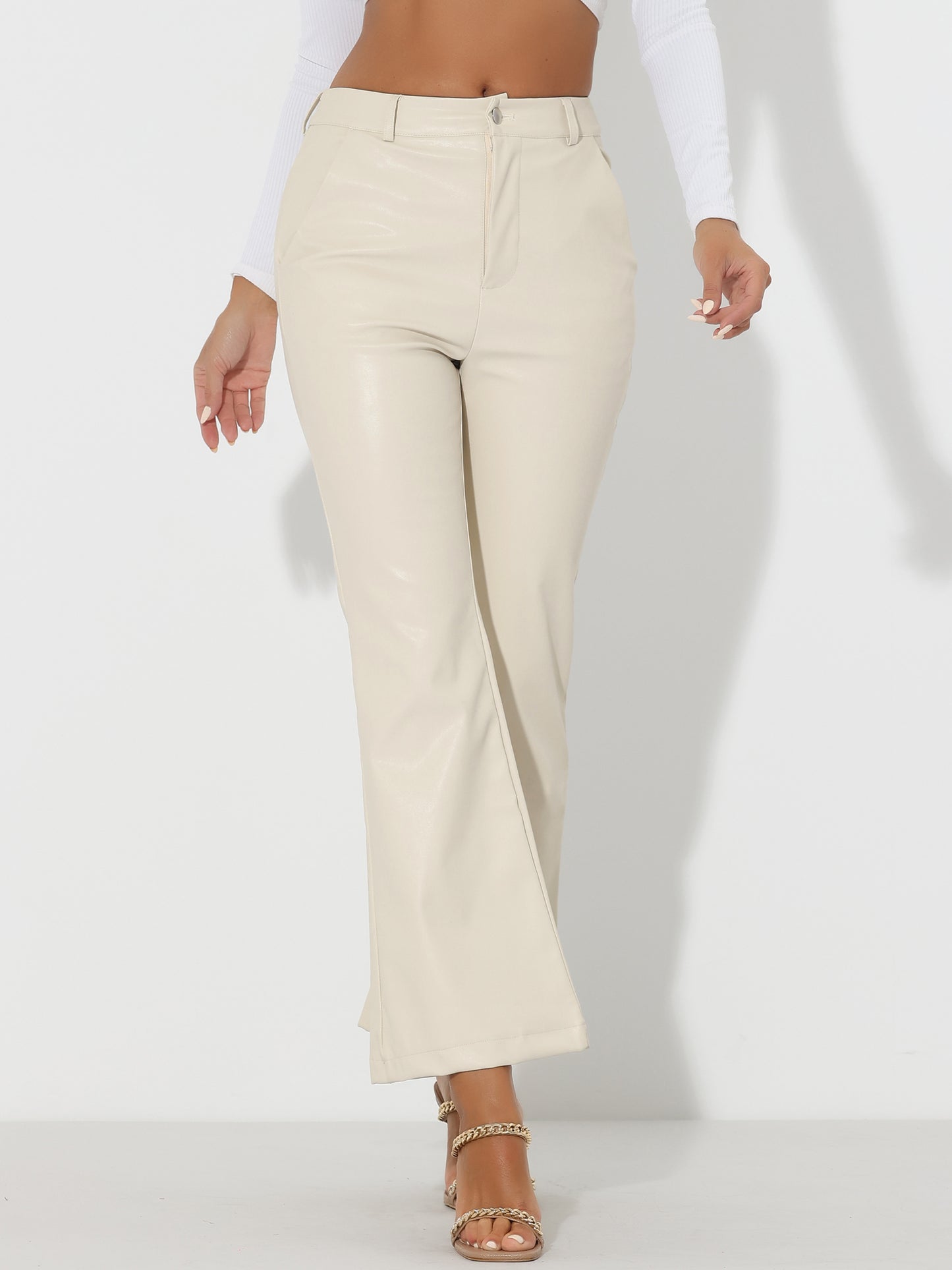 Women's Faux Leather Casual Pants High Waist Bell Bottom Flared Long PU Trousers