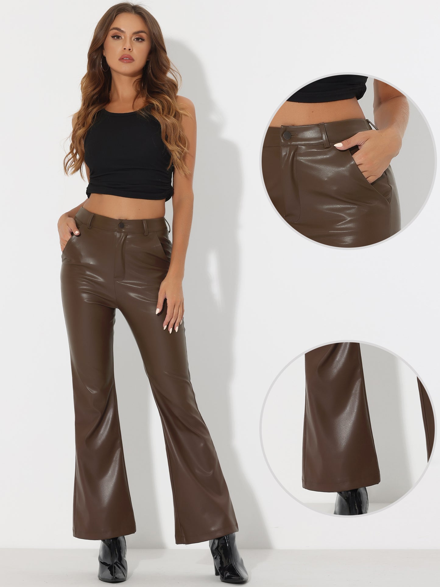 Women's Faux Leather Casual Pants High Waist Bell Bottom Flared Long PU Trousers