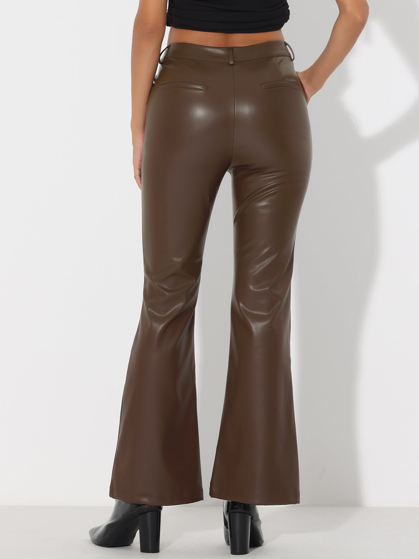 Women's Faux Leather Casual Pants High Waist Bell Bottom Flared Long PU Trousers