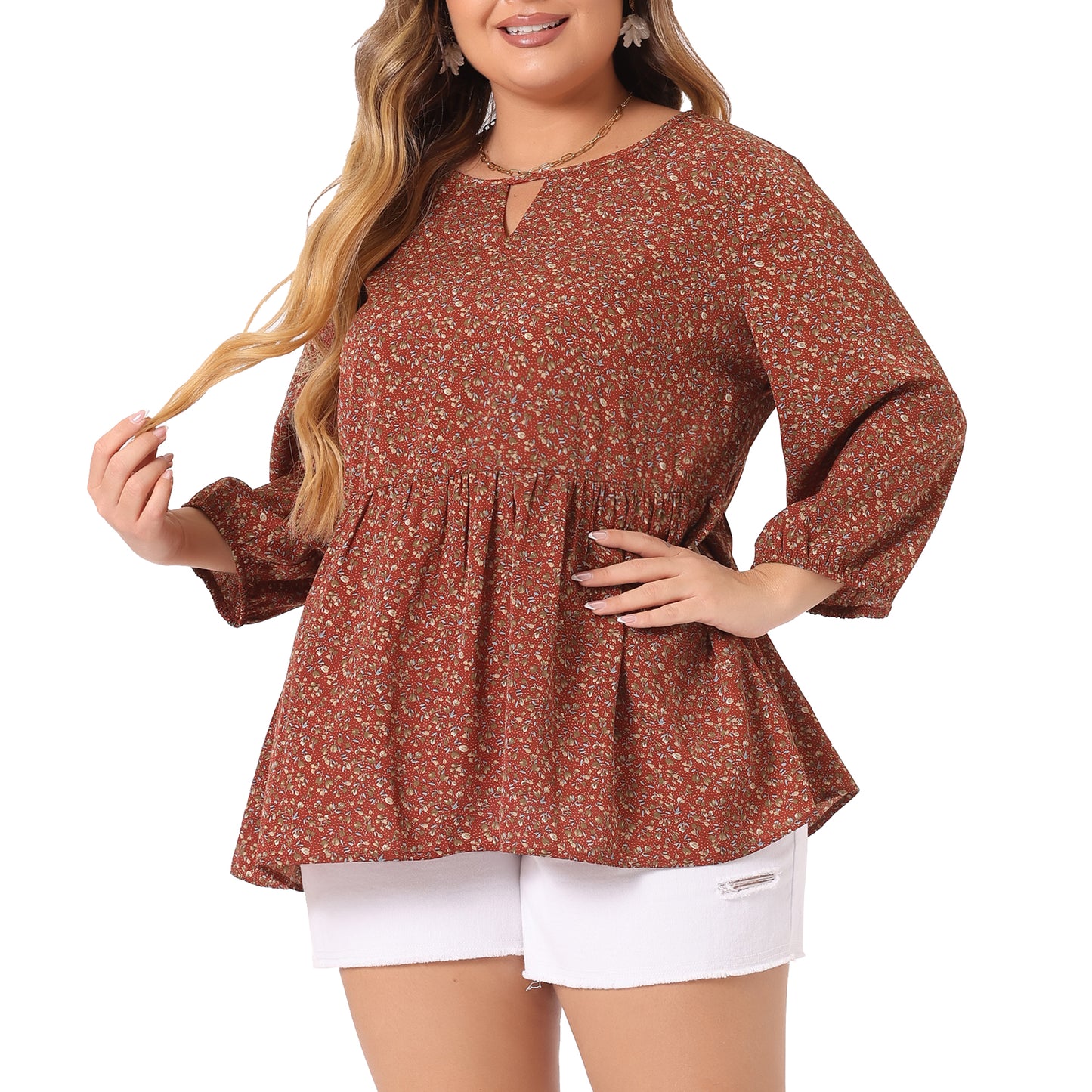 Women's Plus Size 3/4 Sleeves Babydoll Chiffon Keyhole Floral Flowy Blouse