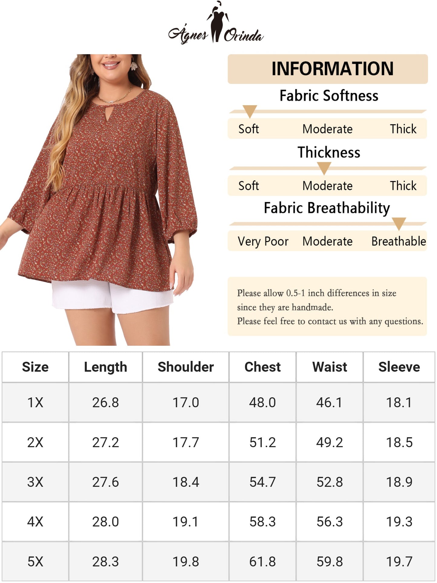 Women's Plus Size 3/4 Sleeves Babydoll Chiffon Keyhole Floral Flowy Blouse