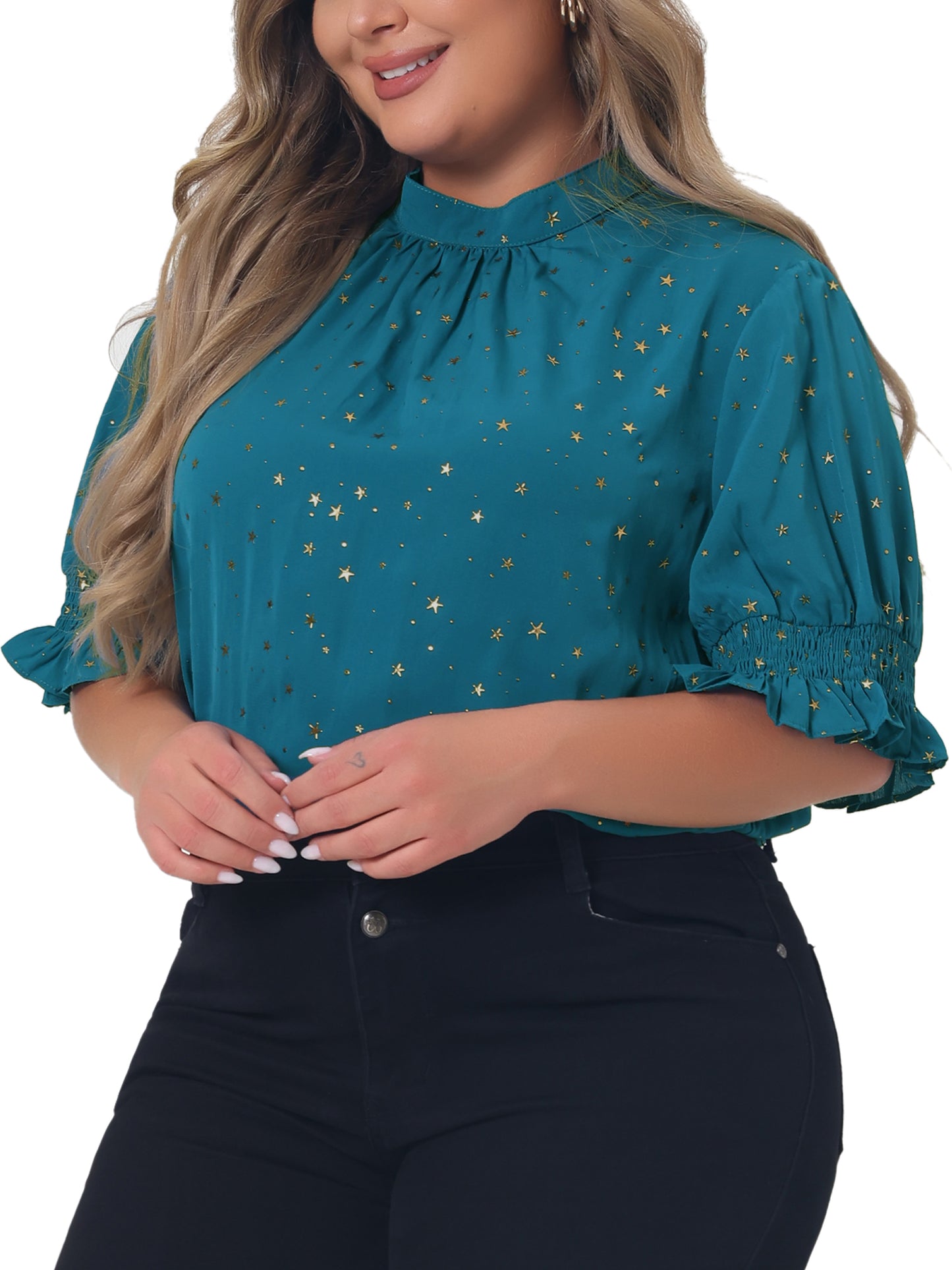 Women Plus Size Blouse Work Office Pleated Mock Neck Star Print Puff Sleeve Top