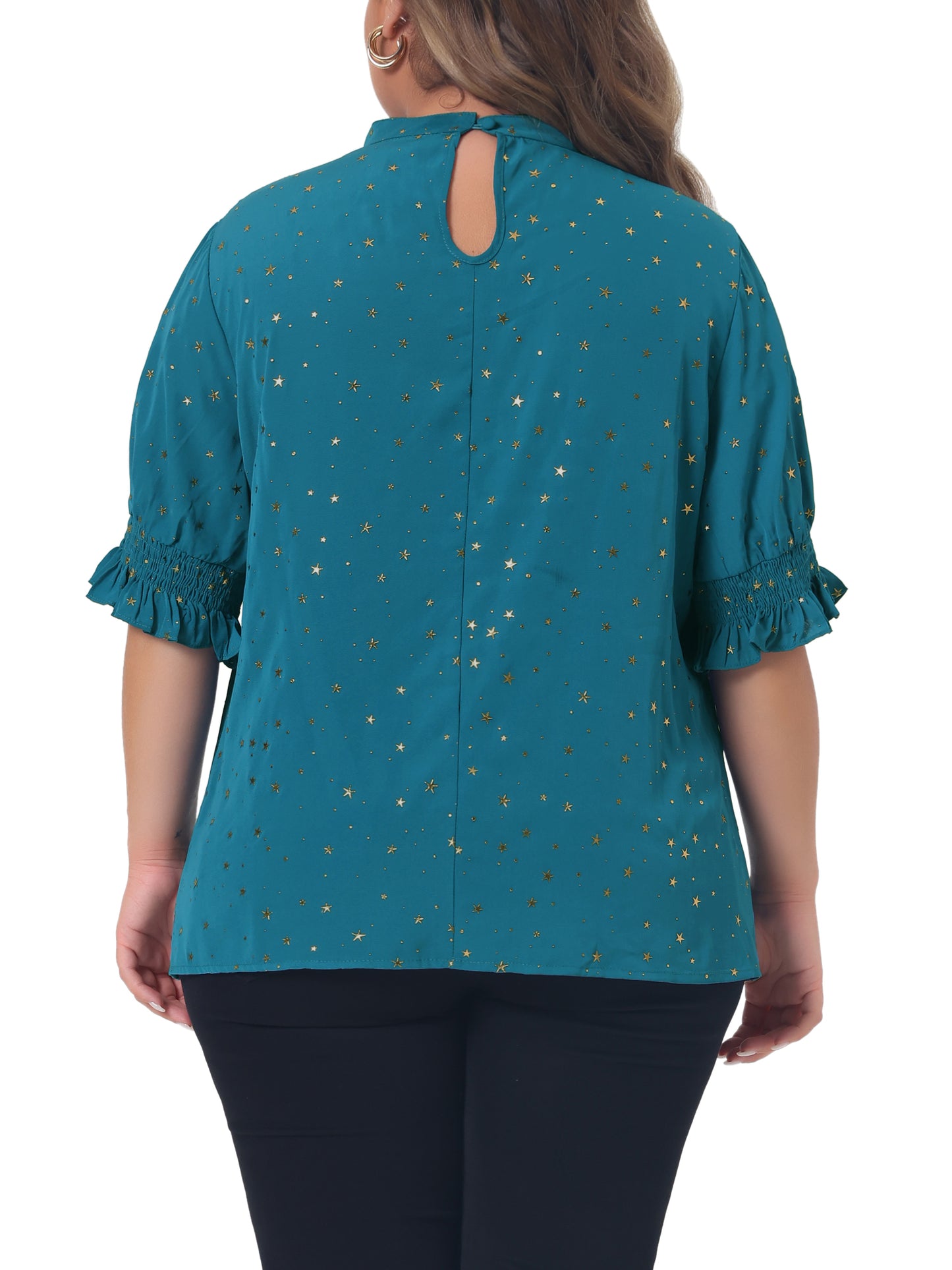 Women Plus Size Blouse Work Office Pleated Mock Neck Star Print Puff Sleeve Top