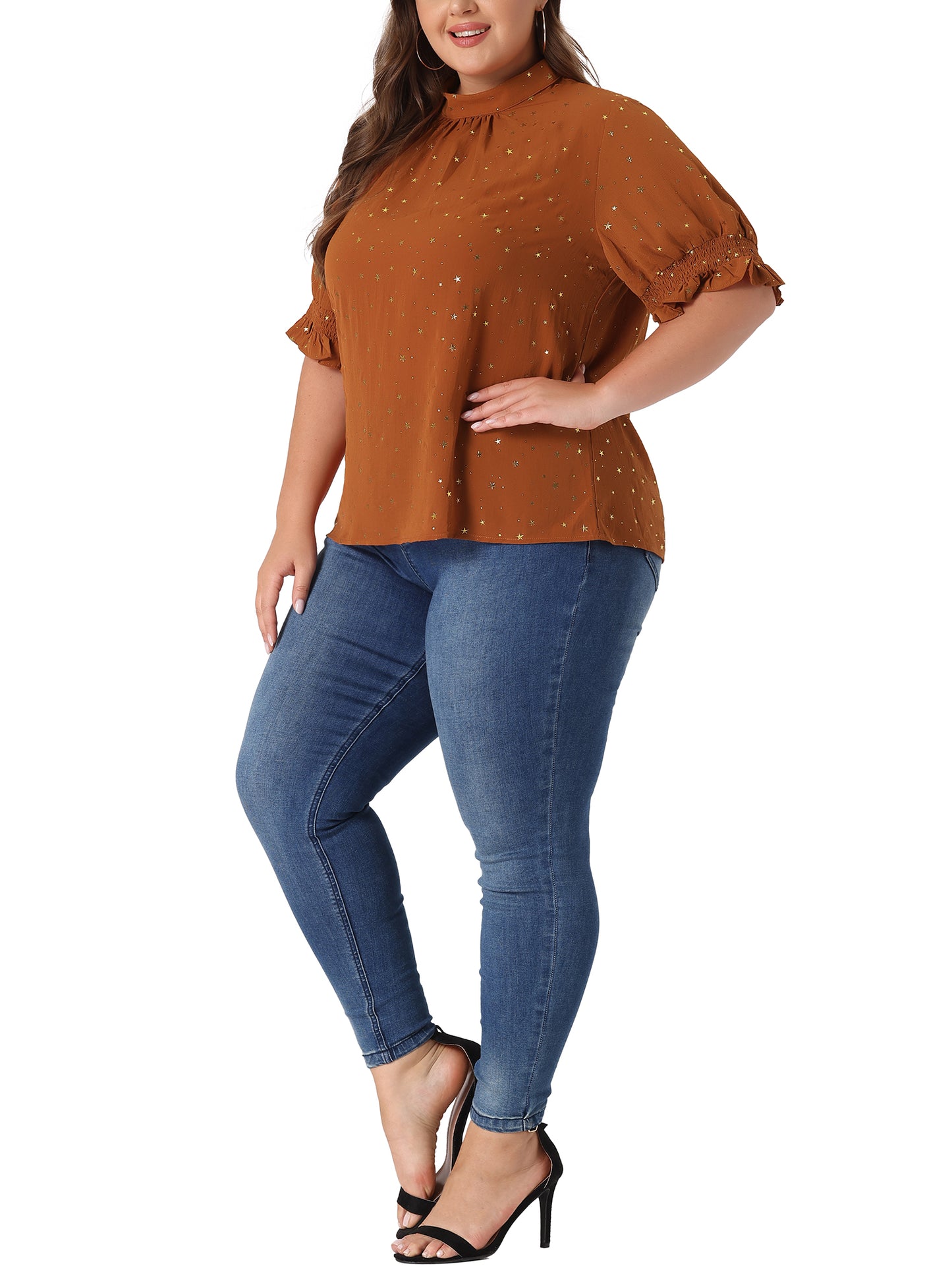 Women Plus Size Blouse Work Office Pleated Mock Neck Star Print Puff Sleeve Top