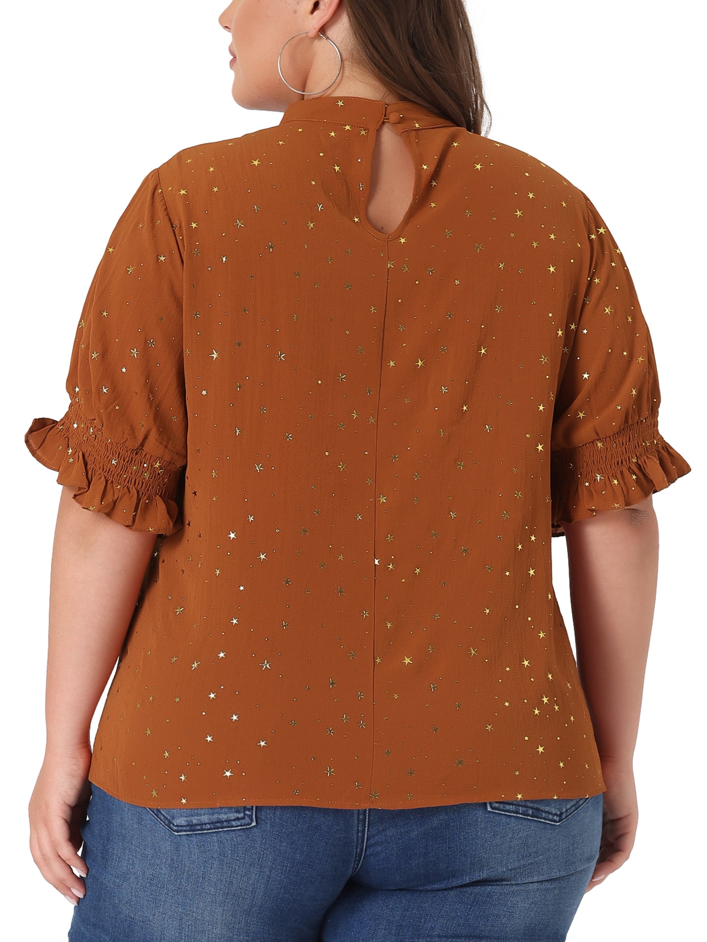 Women Plus Size Blouse Work Office Pleated Mock Neck Star Print Puff Sleeve Top