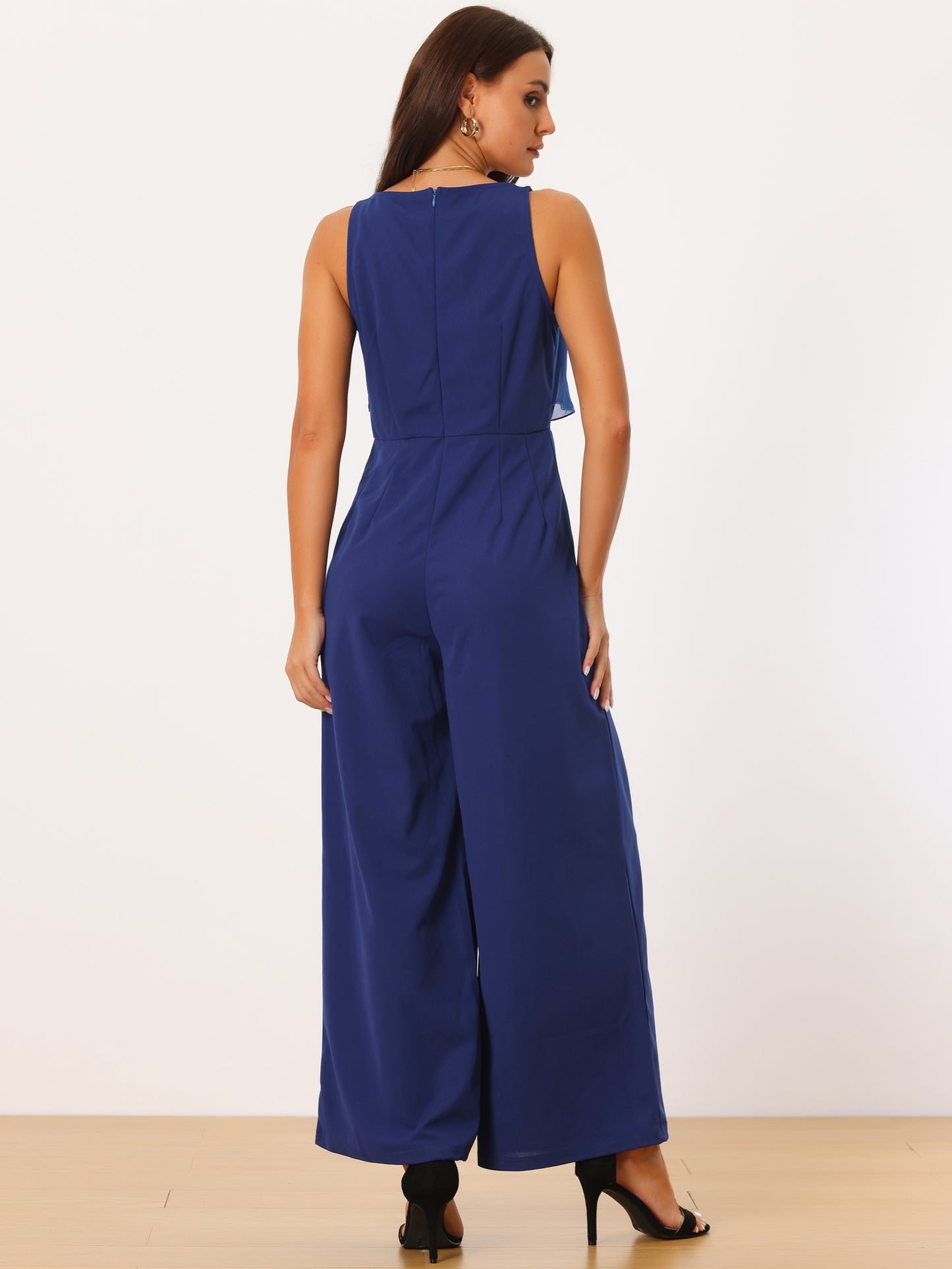 Women's Sleeveless Jumpsuits Summer Stretchy V Neck Wide Leg Long Pants Ruffle Romper Jumpsuit