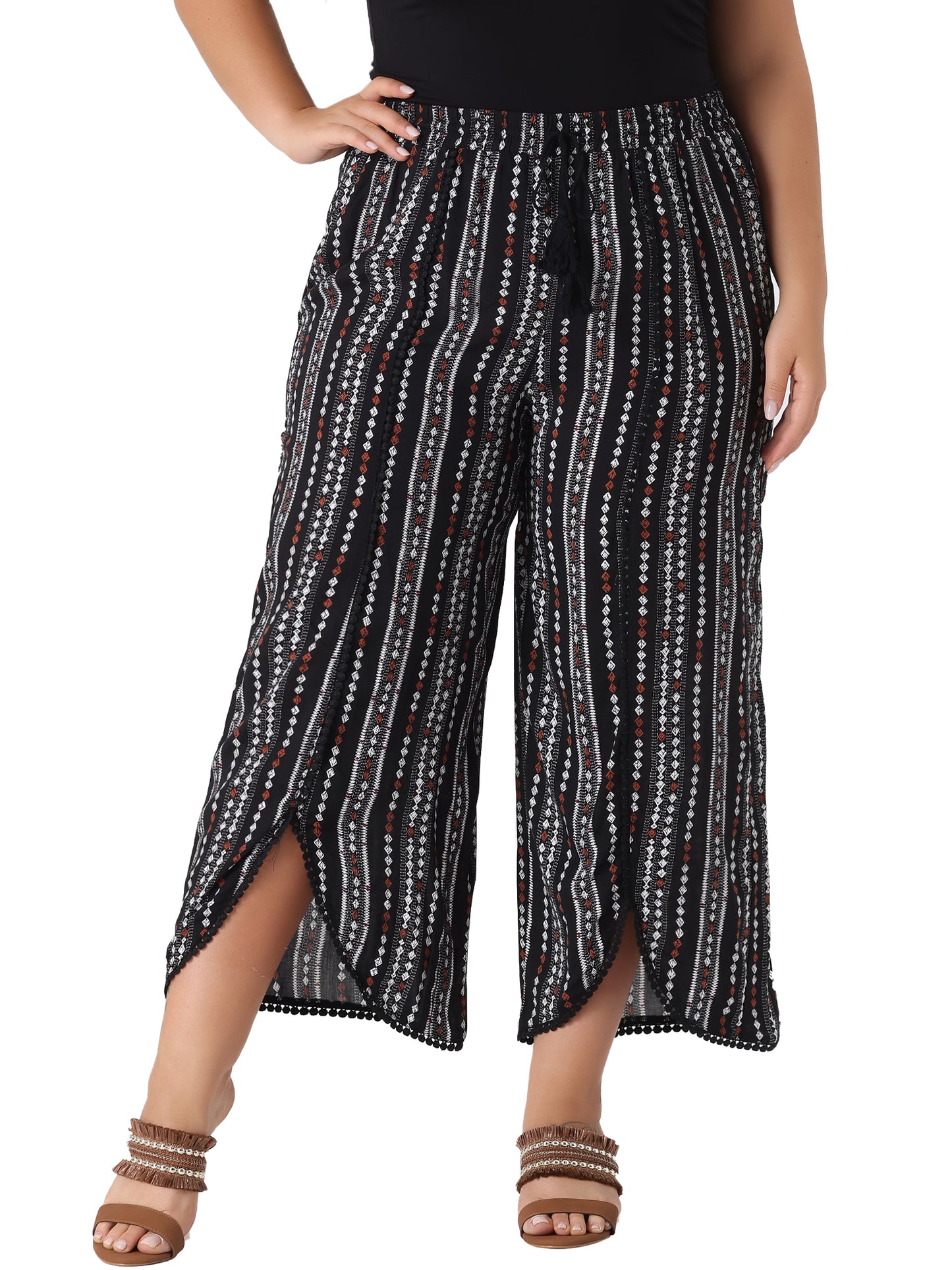 Women Plus Size Pant Split Elastic Waist Flowy Striped Wide Leg Pants
